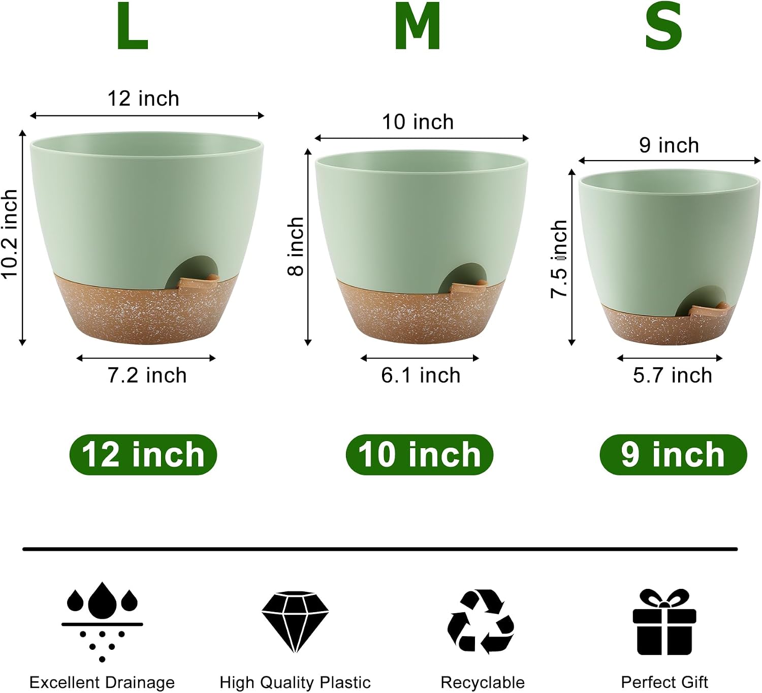 Plant Pots 12/10/9 Inch Self Watering Pots, Set of 3 Plastic Planters with Drainage Holes and Saucers,Plastic Flower