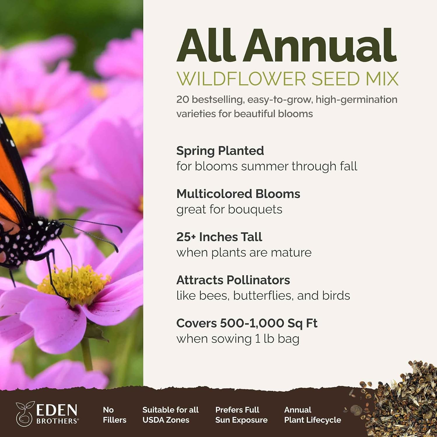 Eden Brothers All Annual Wildflower Mixed Seeds for Planting, 1 lb | 480,000+ Seeds with Sunflower, Indian Blanket