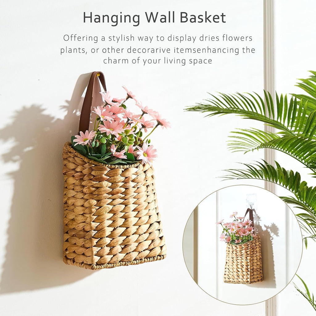 Wall Hanging Pocket Basket Portable Water Hyacinth Storage Basket Decorative Boho Mounted Organizer Dried Flower Plants