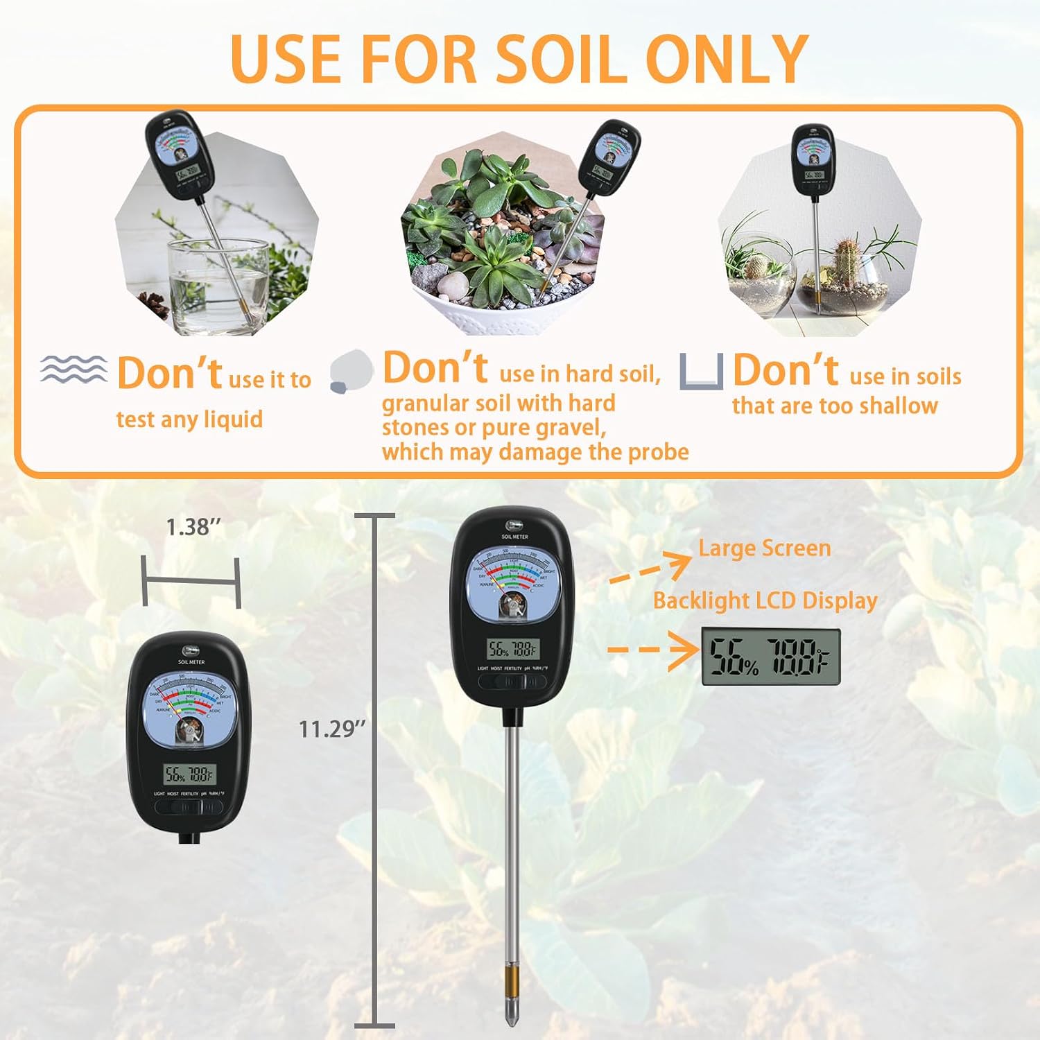 7-in-one Soil Test Kit, Soil Moisture Meter/PH Meter/Sunlight Intensity/Fertility Soil Tester, LCD Display Air & Soil