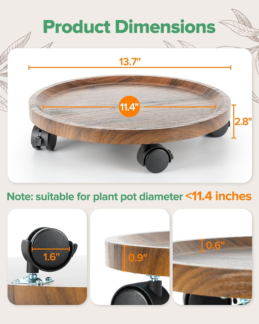 2 Pack Plant Caddy with Wheels, 14" Wood Rolling Plant Stand with 360° Lockable Wheels, Plant Stands Outdoor for Large