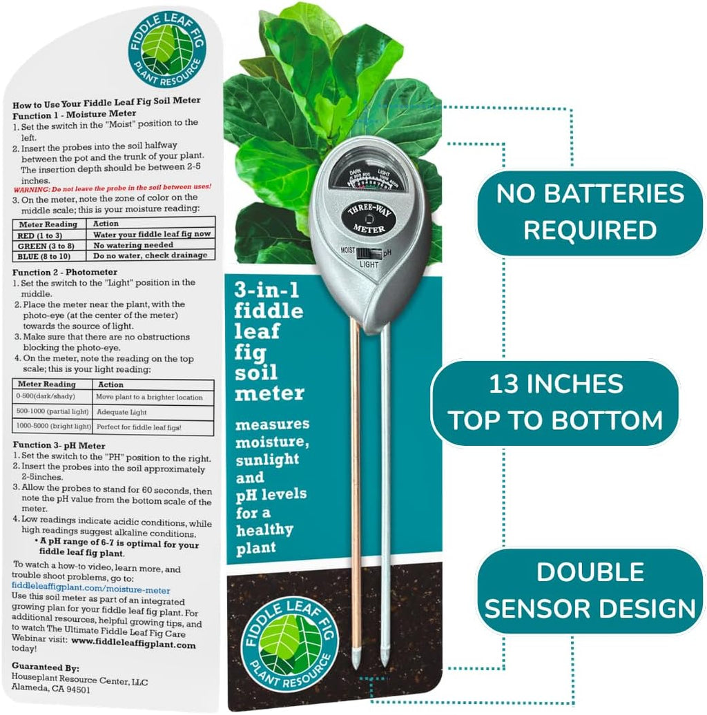 Fiddle Leaf Fig Health Meter, 3-in-1 Soil Moisture, Light & pH Testing Tool