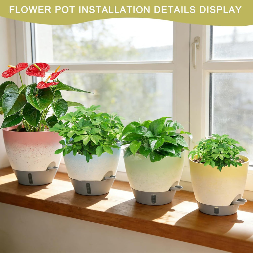 4-Piece Planter Set, 12/10/9/8-inch Self-Watering Pots with Drainage Holes, Deep Trays, Water Level Indicators