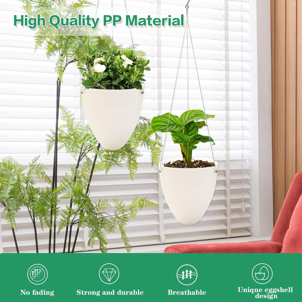 Sungmor 3 Pack Plastic Self Watering Hanging Planters - Eggshell Shape | Indoor Outdoor Hanging Pots for Plants, Modern