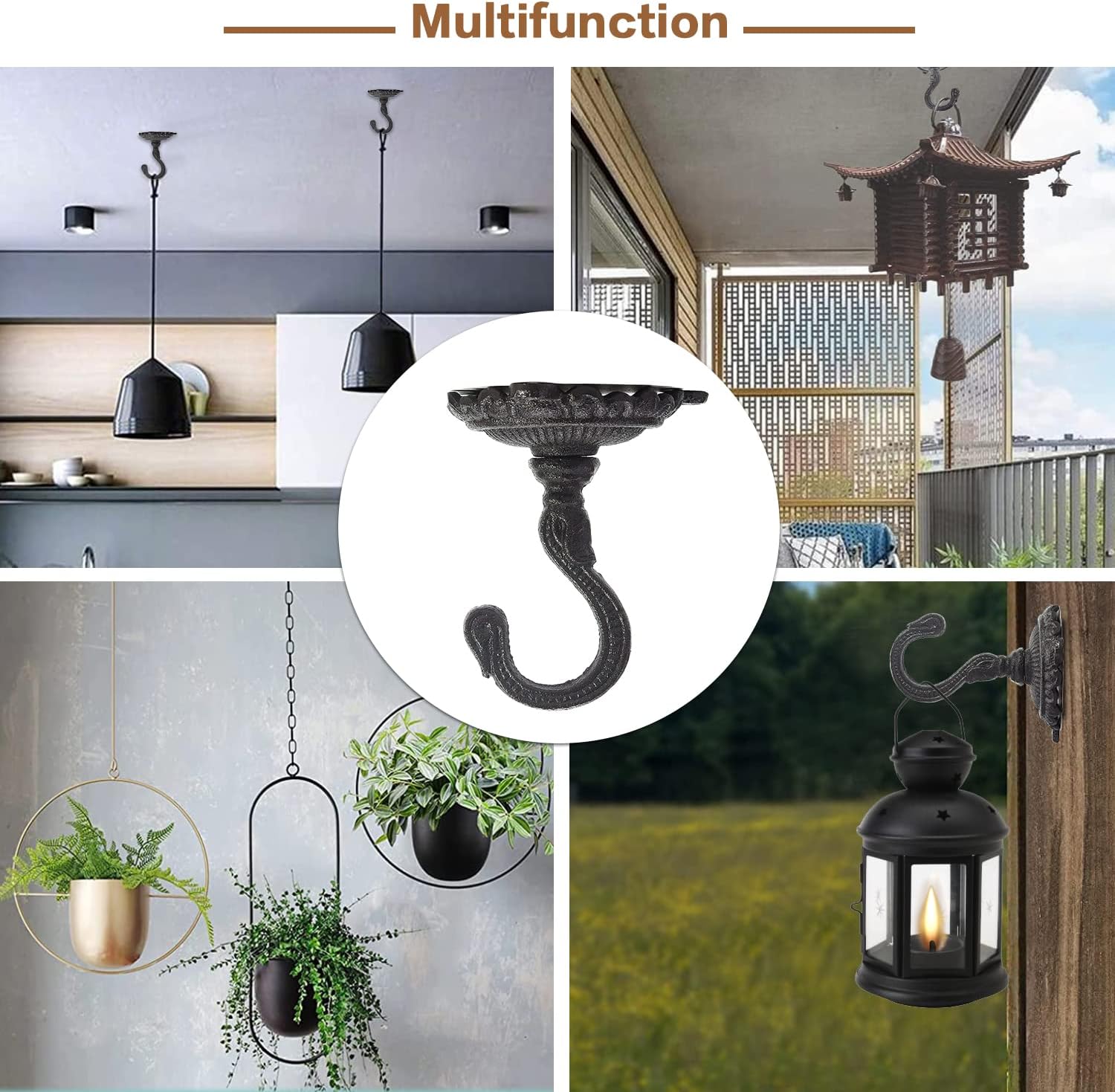 Sungmor Heavy Duty Cast Iron Ceiling Hooks - 2PC Black, 3.5x3.9Inch Decorative Plant Hangers, Indoor Outdoor Swag Hooks