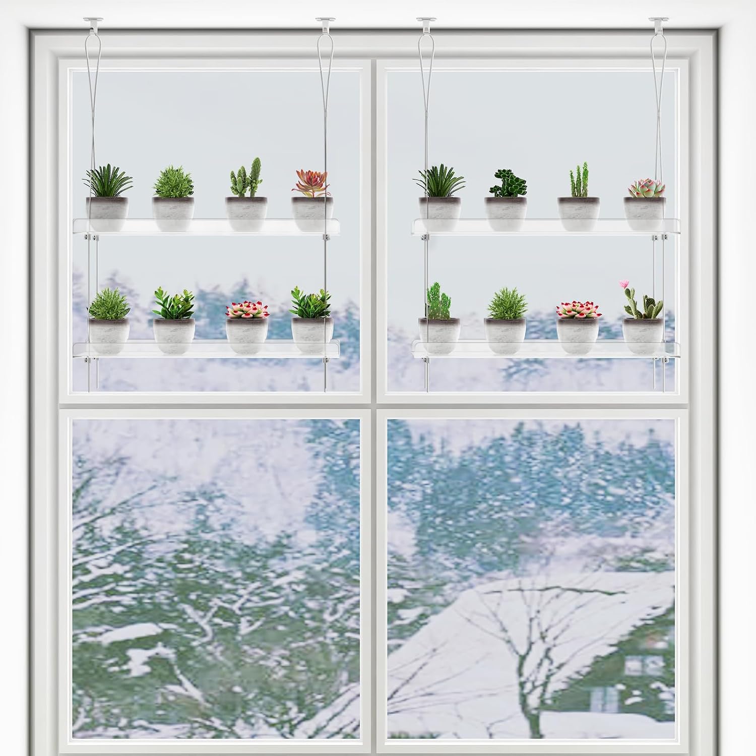 OtNiap 2-Pack Clear 2-Tier Window Plant Shelves, 16-Inch Stand | Adjustable Indoor wall plant holder for herbs