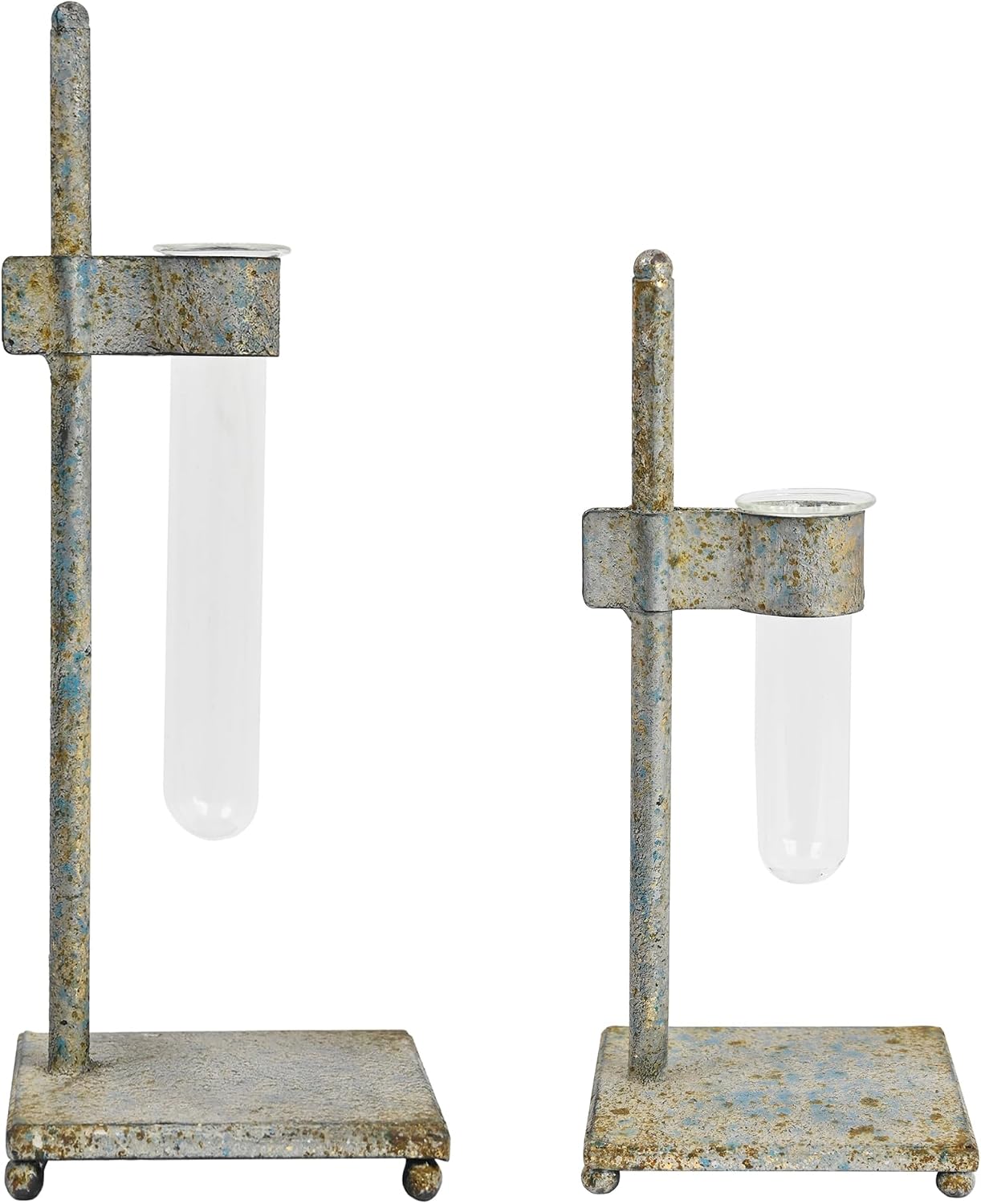 Retro Test Tube Vase Set of 2, Rustic Metal Plant Propagation Station with Clear Glass Tubes, Hydroponic Planter for