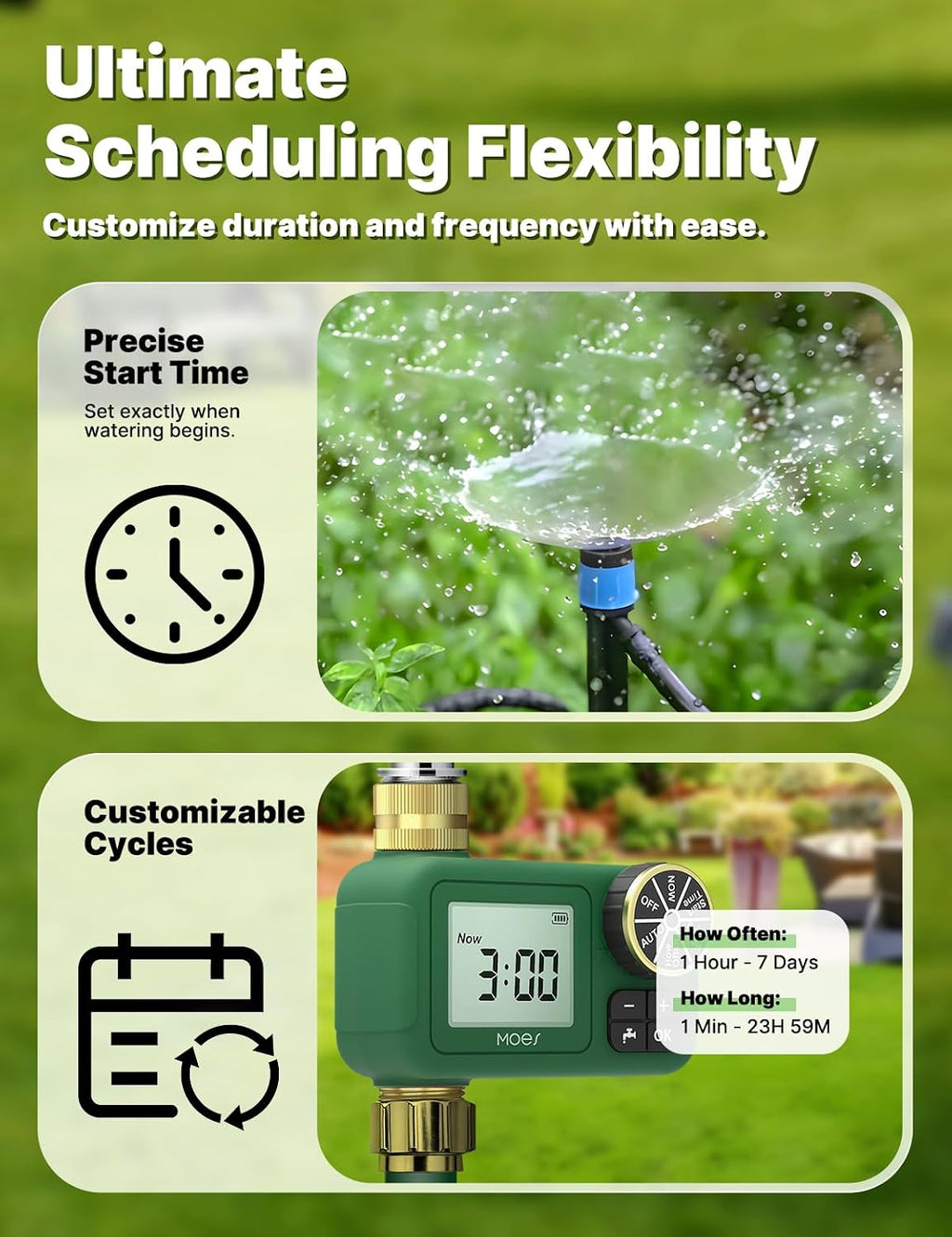 MOES Water Timer for Garden Hose, 1 Outlet, Rain Delay, Brass Fittings | Battery Sprinkler Timer, Programmable 1-Outlet