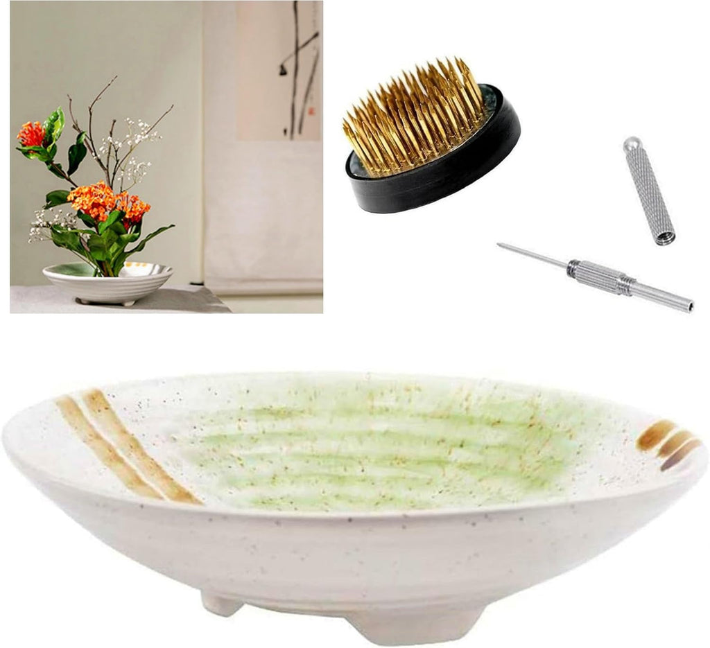 Japanese Ikebana Vase Kit, Flower Shallow Container Ceramics Ikebana Vase with 1.57inch Flower Frog Floristry Kenzan and Floral Frog Needle Straightening Tool (White and Green Bowl)