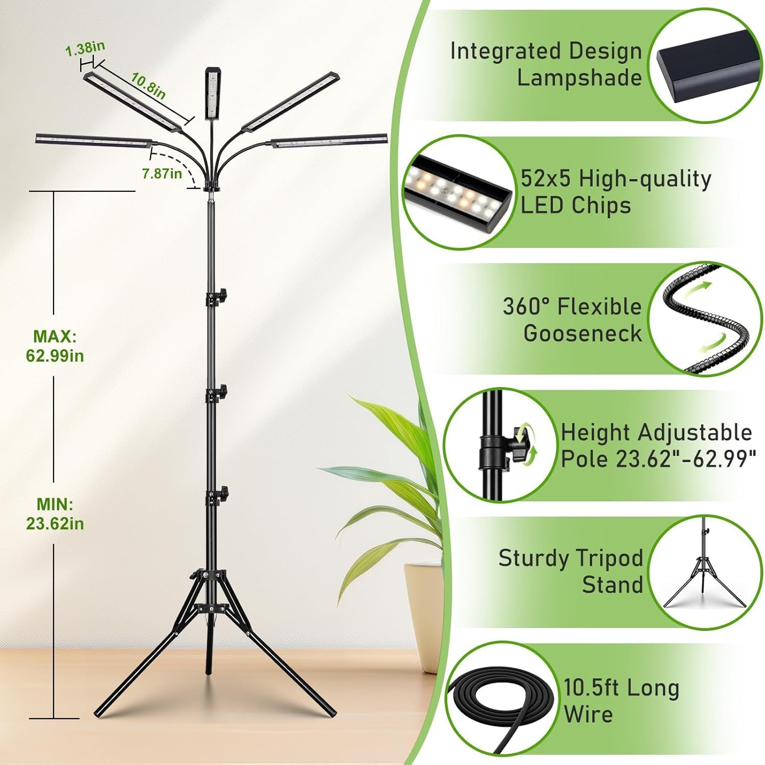 FOXGARDEN Grow Lights for Indoor Plants 5-Head Full Spectrum with Tripod Stand, Timer, Dimmable Flexible Goosenecks for
