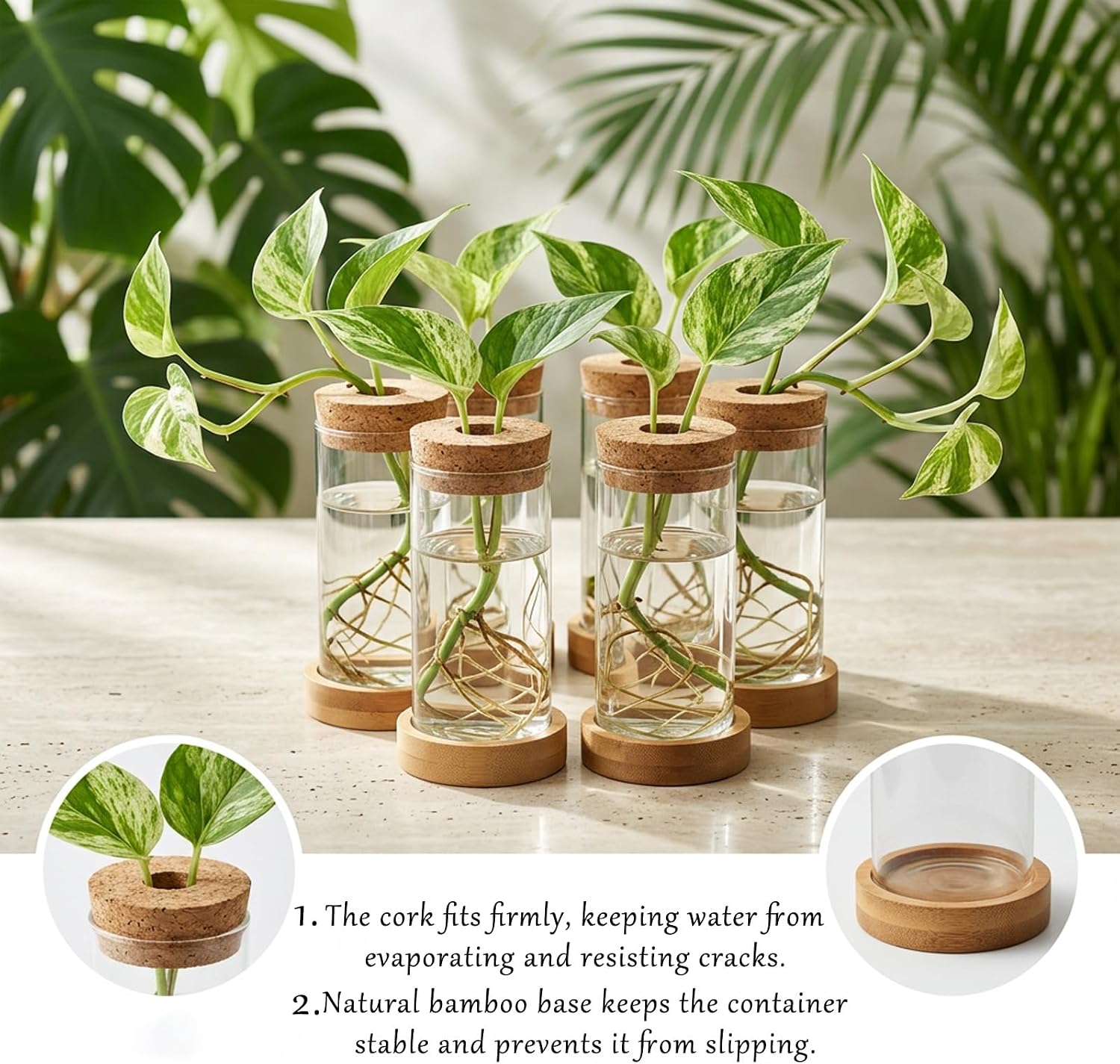 16 Pcs Propagation Vases with Bamboo Stand and Hole Lid, Glass Plant Propagation for Plants Water Hydroponic Desktop