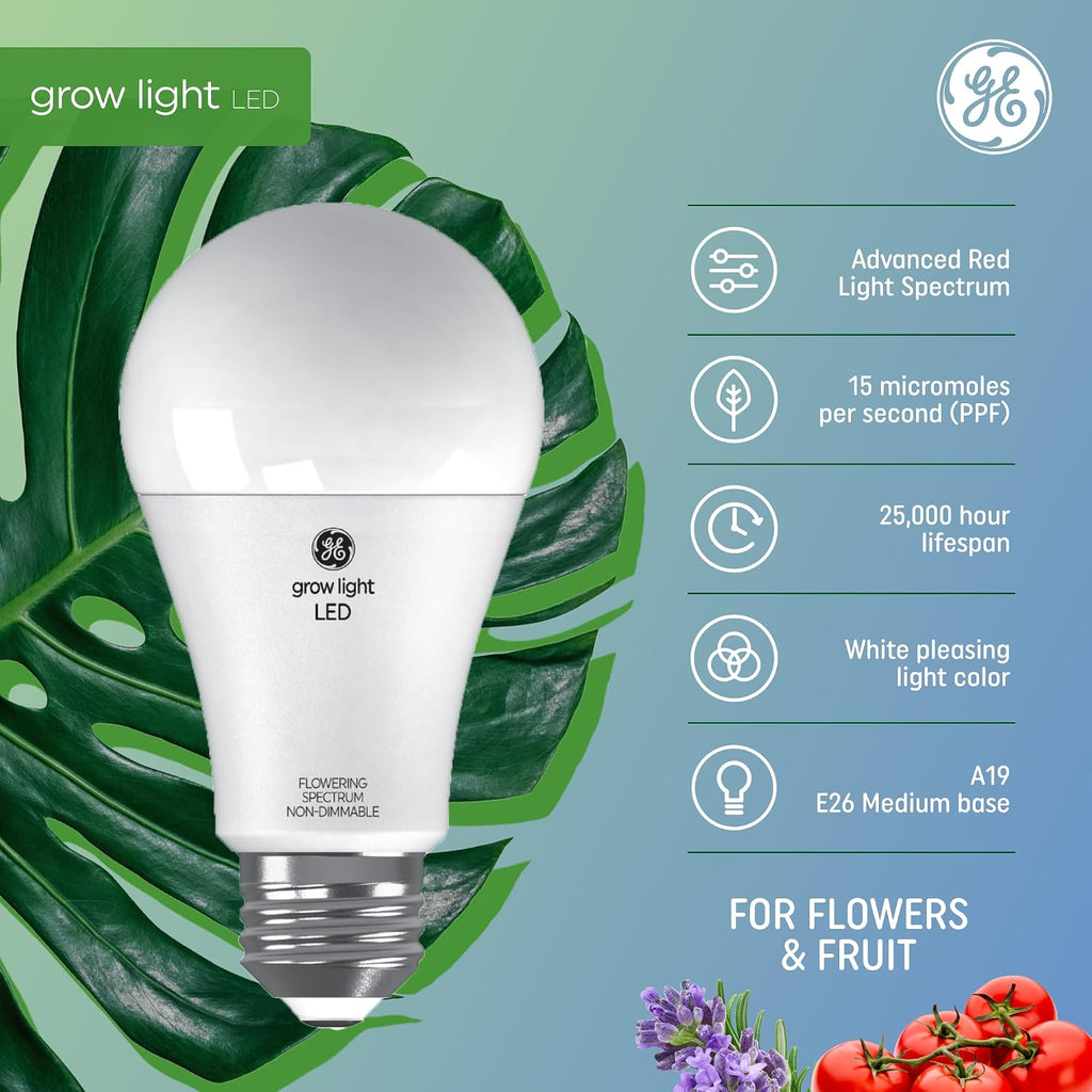 GE Grow Lights for Indoor Plants, A19 LED Light Bulbs for Flowers and Fruit with Advanced Red Light Spectrum, White