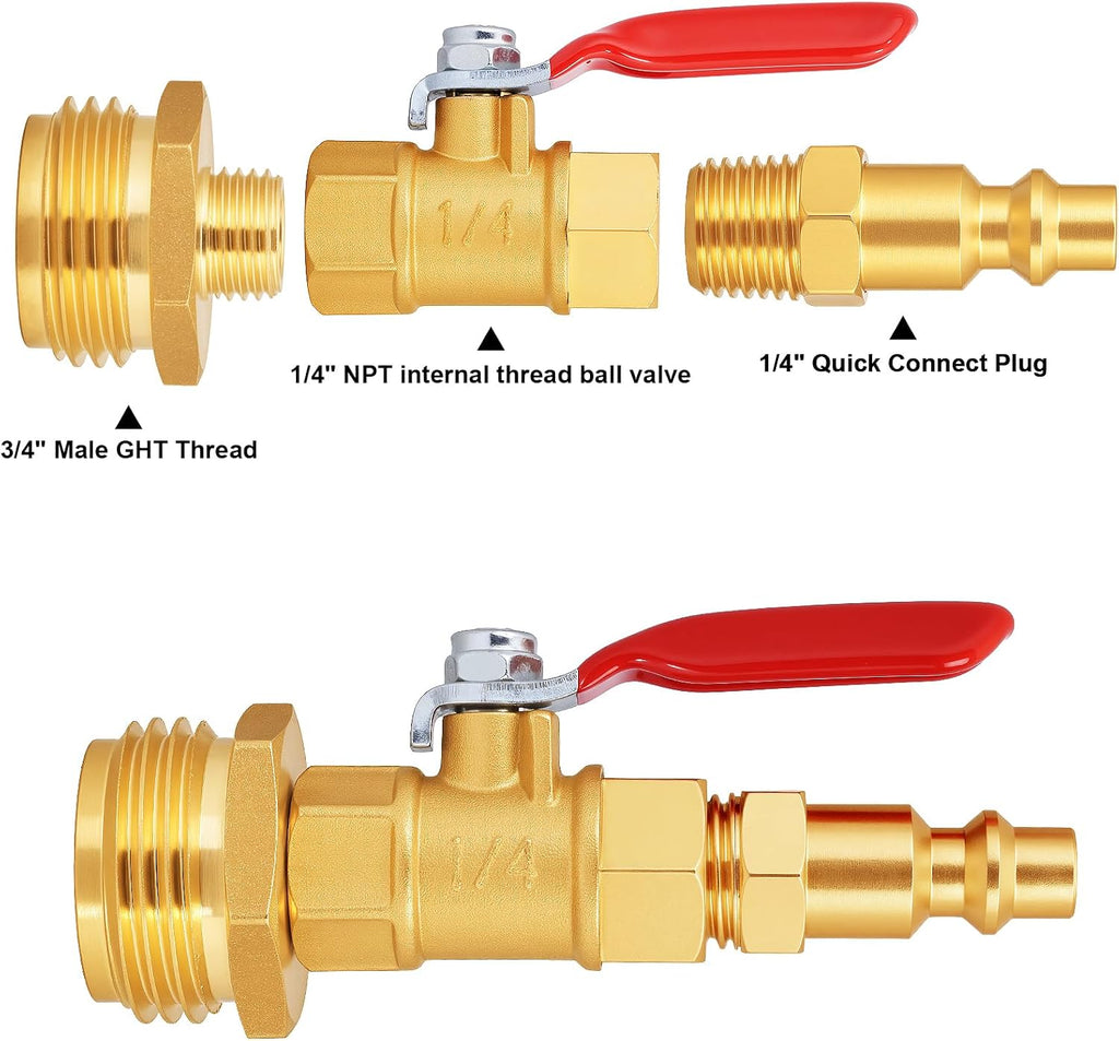 RV Winterize Blowout Adapter with 1/4" Quick Connect Plug and 3/4" Garden Water Hose Threading with Valve (4 Pack)