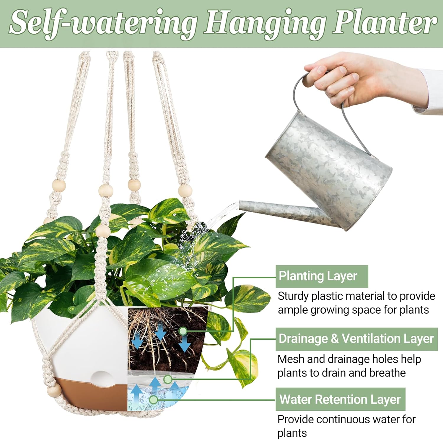 Mkono 3 Pack 10 Inch Hanging Planters for Indoor Plants with Self Watering | Macrame Plant Hangers, 2 Kinds Hanging