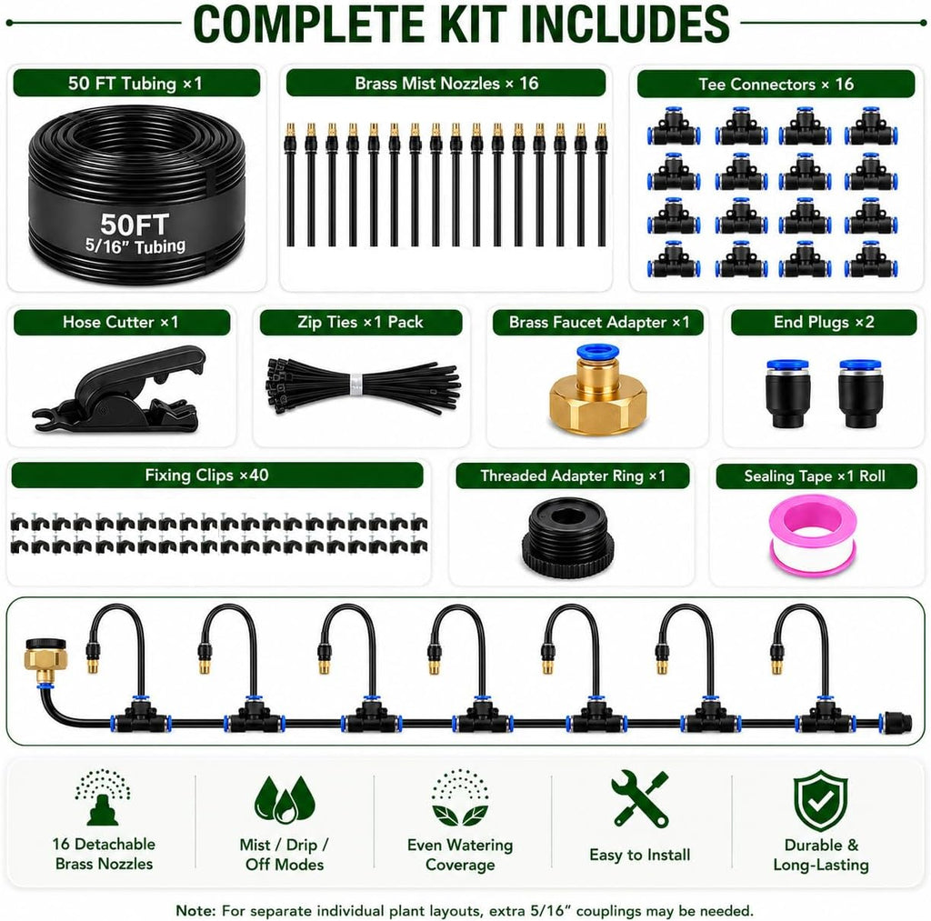 50FT 5/16" Garden Watering Kit with 16 Brass Nozzles | 16 brass nozzles, 5/16" tubing, brass faucet adapter