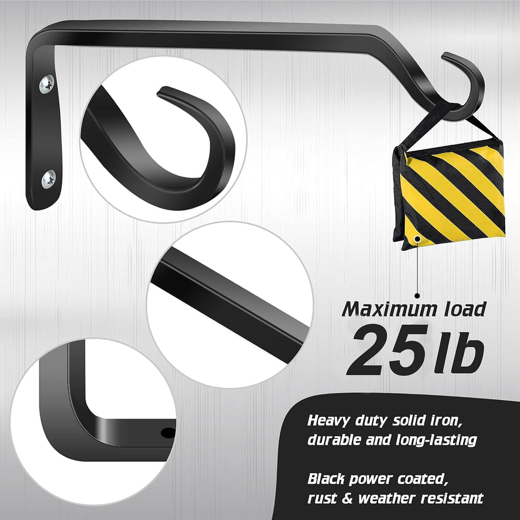 Worth Garden 6-Pack 10" Plant Hanger Bracket - Forged Wrought Iron Powder-Coated Heavy Duty Wall Hook - Black Plant