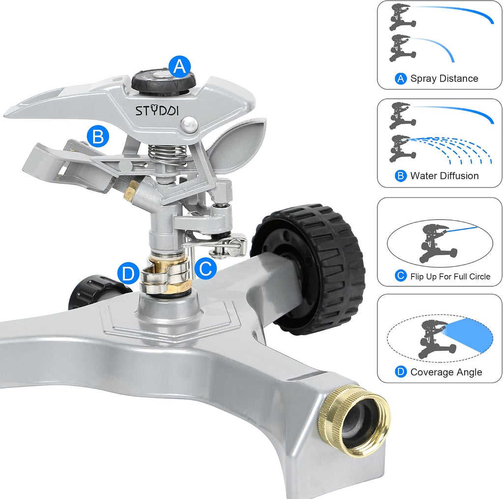 STYDDI Metal Pulsating Sprinkler on in-Series Metal Wheeled Base, Adjustable Circular Water Sprinkler for Medium to