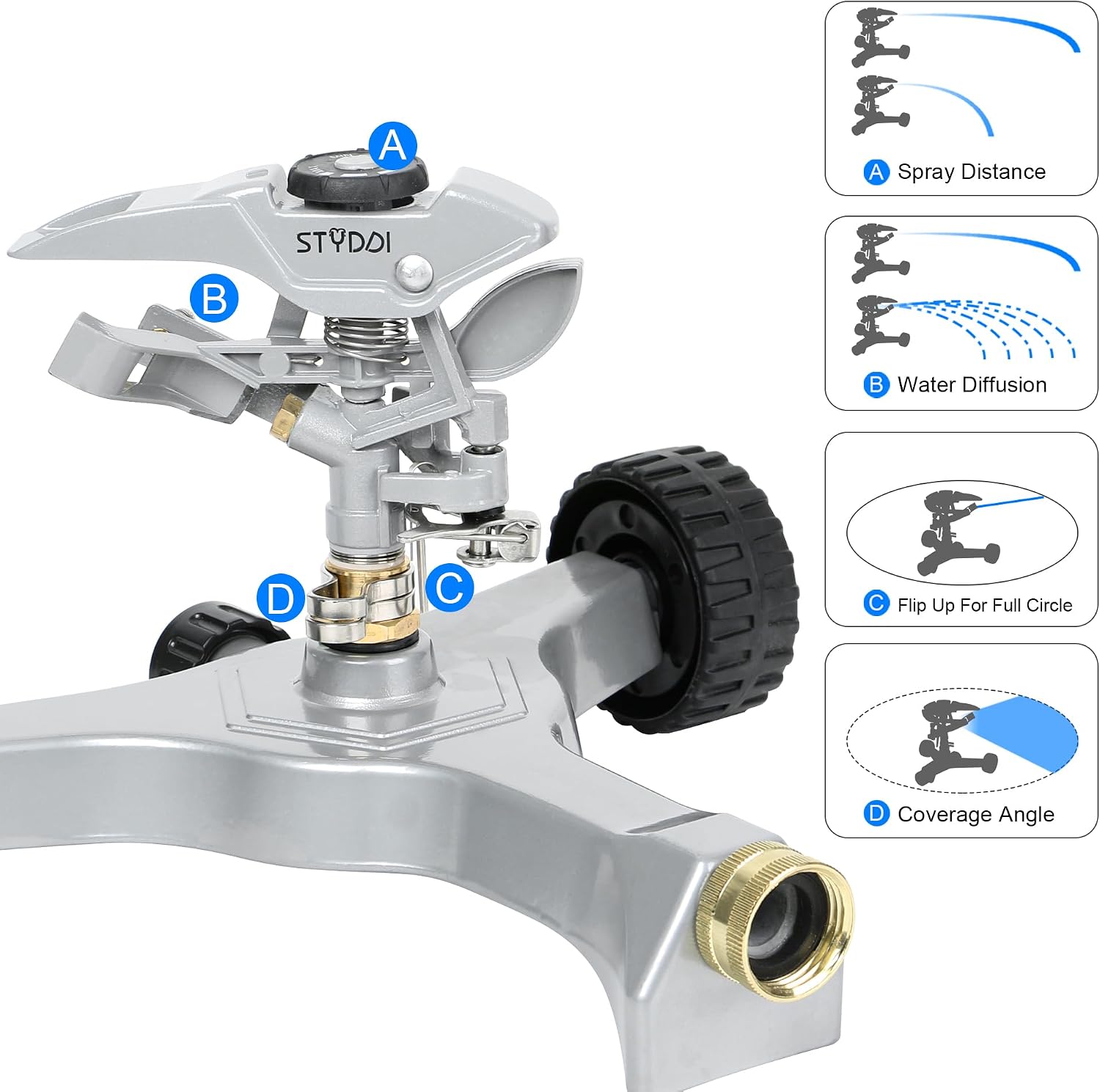 STYDDI Metal Pulsating Sprinkler on in-Series Metal Wheeled Base, Adjustable Circular Water Sprinkler for Medium to