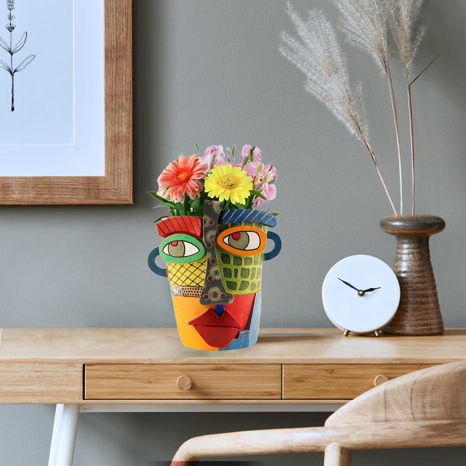 TOZLU Abstract Face Head Planter Picasso Colorful Art Resin Flower Pot | Unique Decorative Planter Gift With Drainage