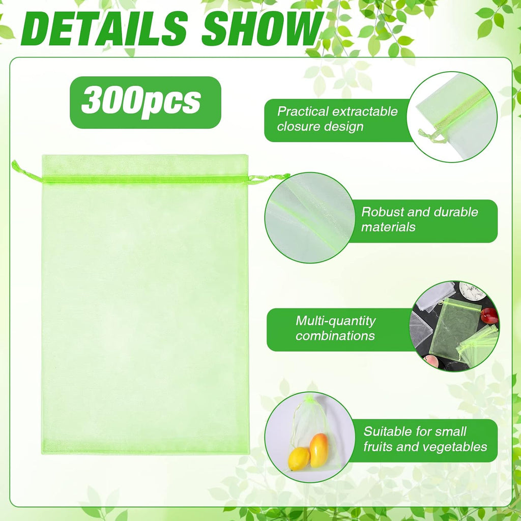 Woanger 300 Pcs Fruit Protection Bags 8 x 12'' Fruit Bags for Fruits Trees Green Netting Fruits Cover Bag with
