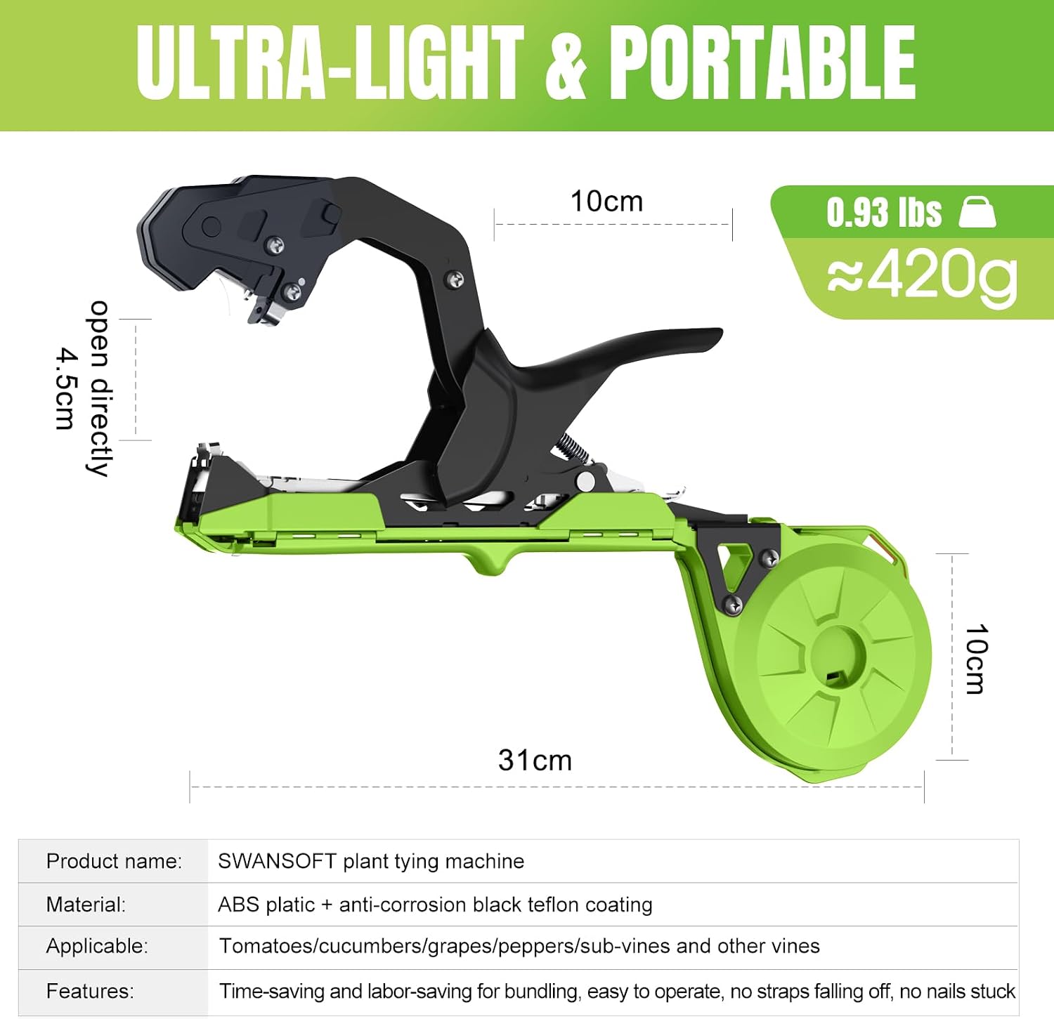 SWANSOFT Plant Tying Machine, Come with 10000pcs Staples 20 Rolls (Green) | Lightweight Plant Vine Tying Tape Machine