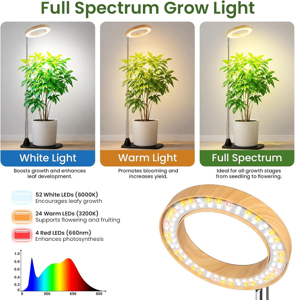 LBW Grow Lights for Indoor Plants, 6.3" Full Spectrum Plant Light with Base | Bamboo Grain, 65" Adjustable for Indoor