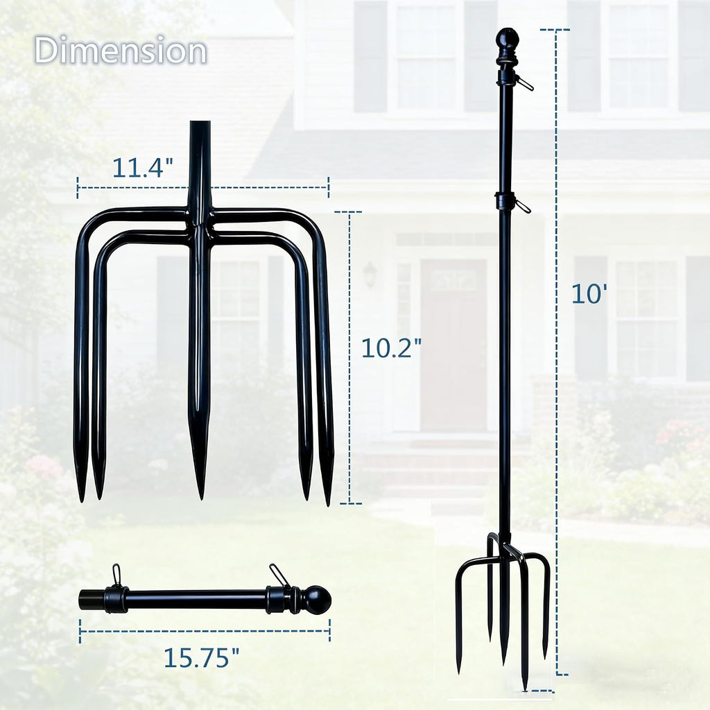 10ft Black Flag Poles in Ground for Outside, Flagpole Stand for House Ground with 5 Pronges Base