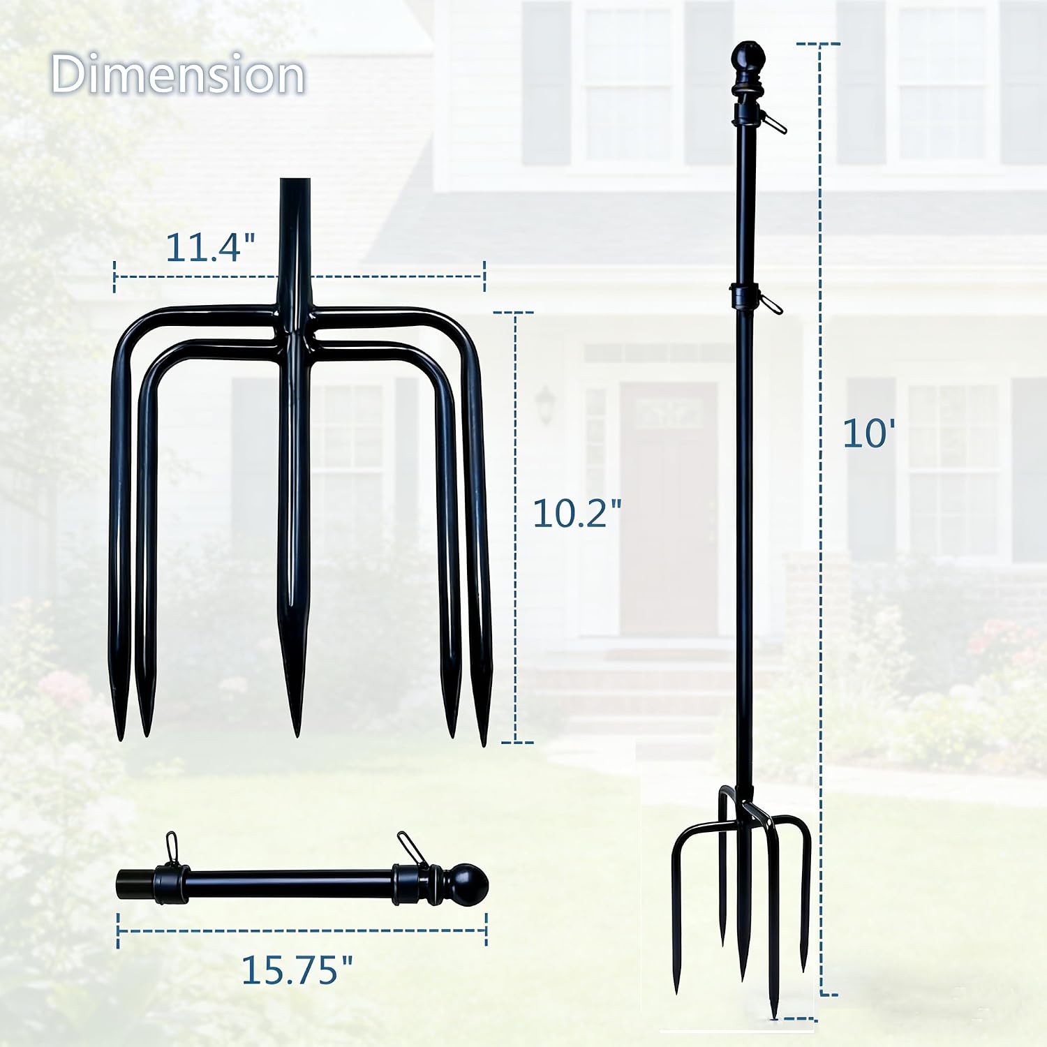 10ft Black Flag Poles in Ground for Outside, Flagpole Stand for House Ground with 5 Pronges Base