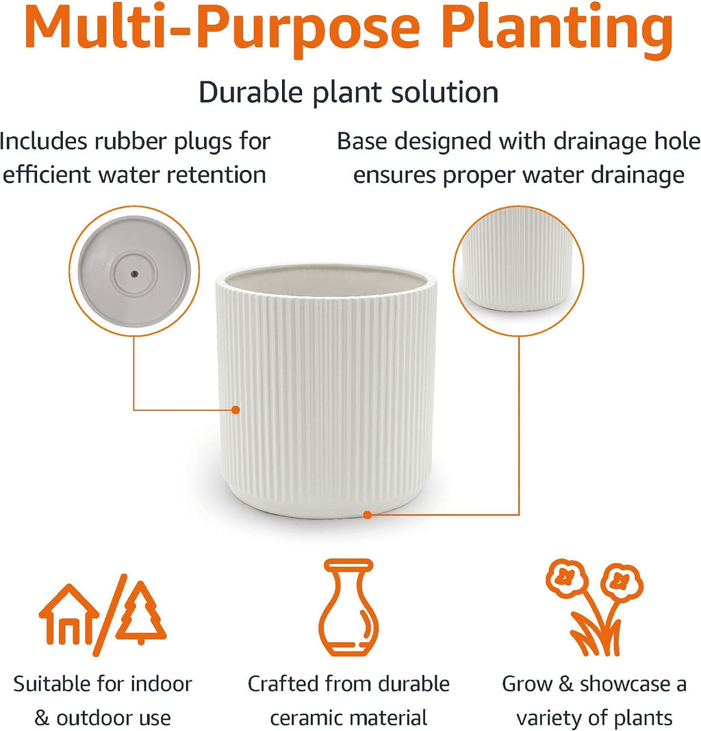 Amazon Basics Fluted Ceramic Planter Pot for Indoor Outdoor Plants, Round Flower Pot with Drainage Hole, 8-inch, White
