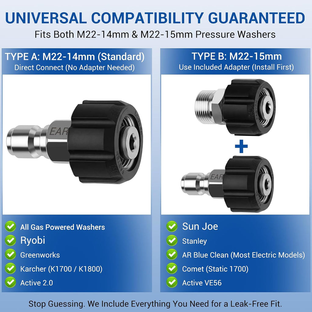 Pressure Washer Quick Connect Kit, 9-Piece Stainless Steel Adapter Set, M22-14mm to 3/8" Quick Disconnect with M22-15mm