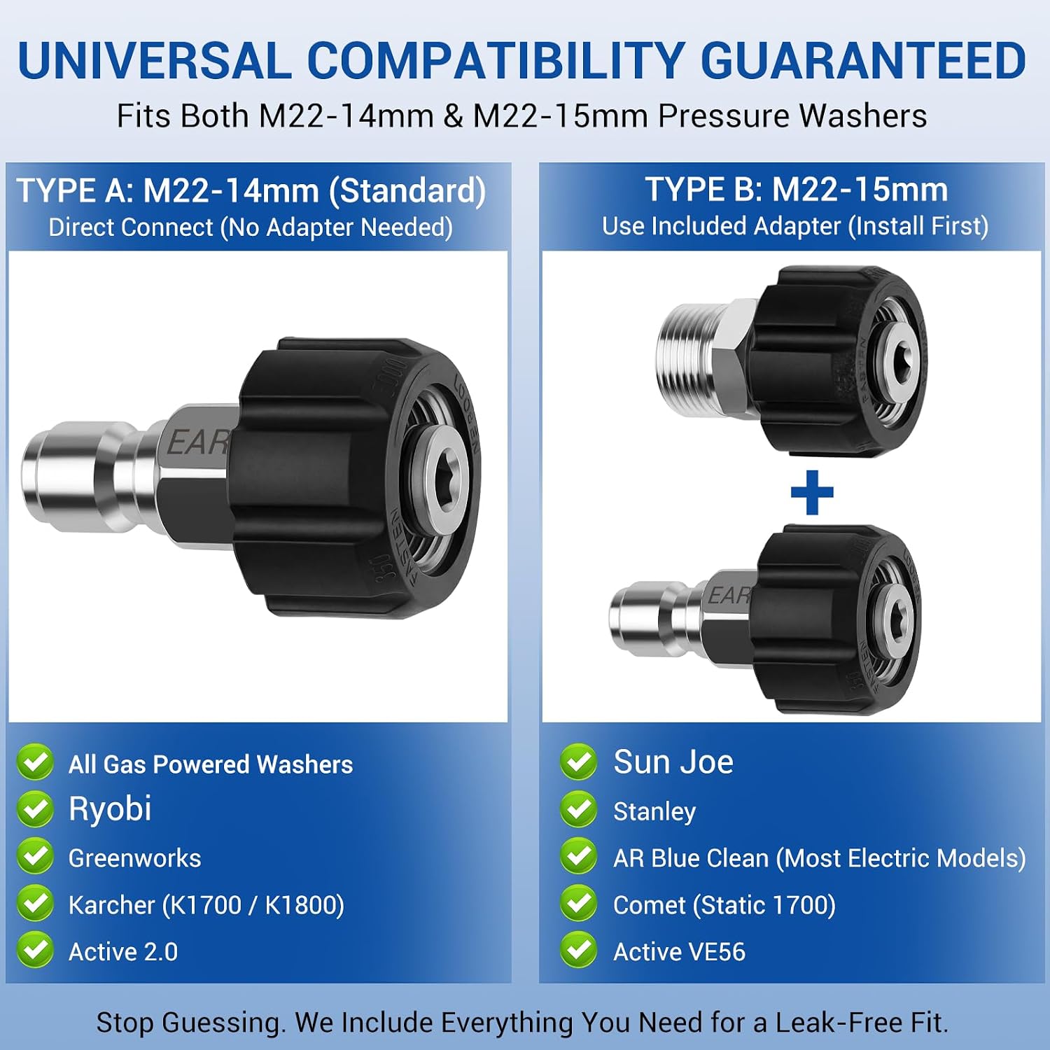 Pressure Washer Quick Connect Kit, 9-Piece Stainless Steel Adapter Set, M22-14mm to 3/8" Quick Disconnect with M22-15mm