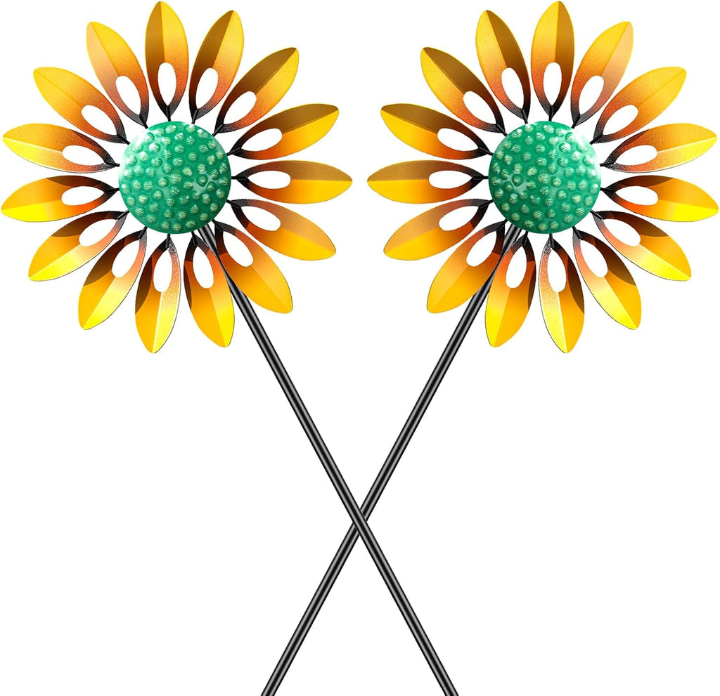 2pcs Sunflower Wind Spinner Outdoor, Freestanding Kinetic Wind Sculpture with Stake, Metal Windmill for Outside Garden