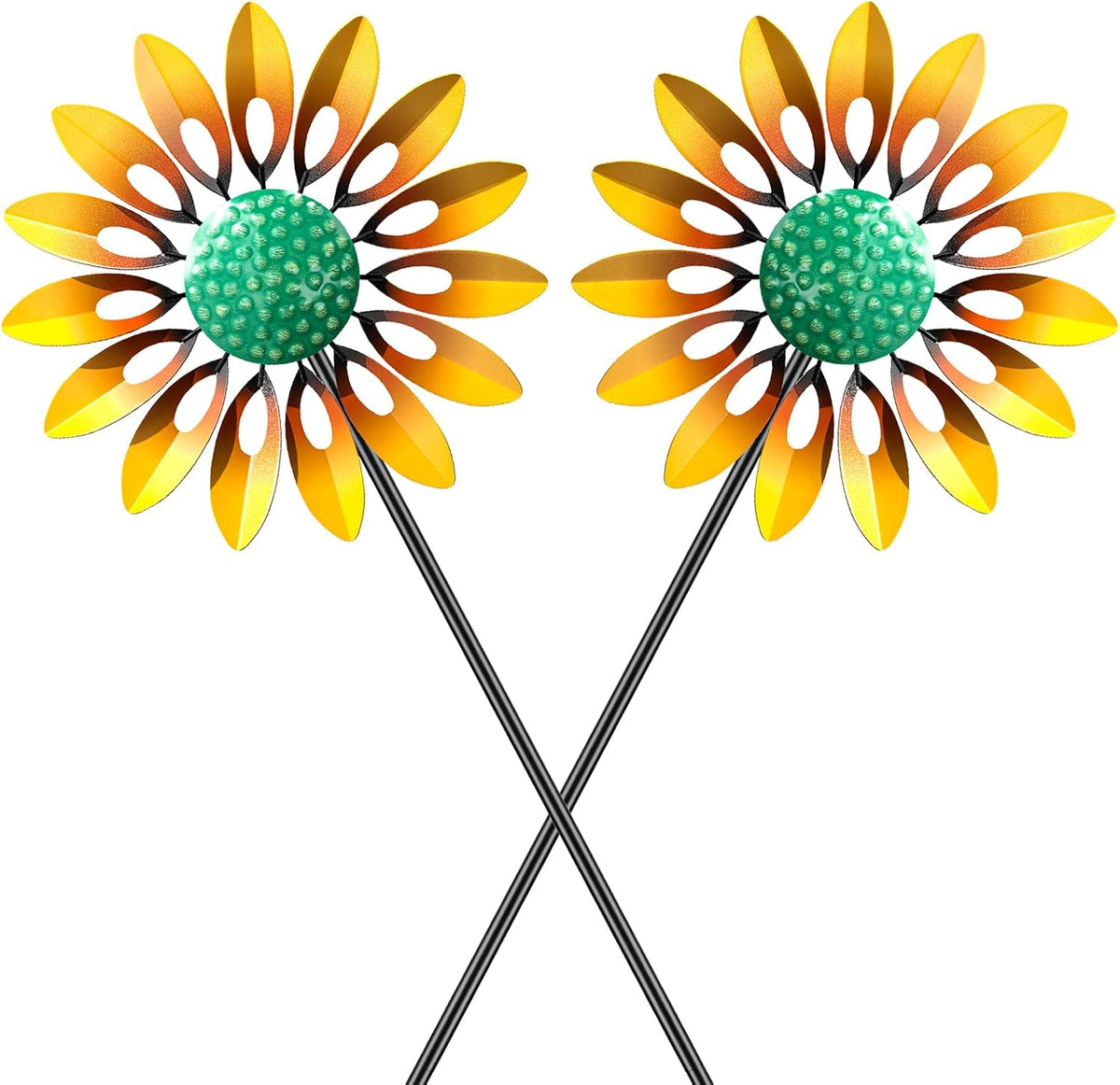 2pcs Sunflower Wind Spinner Outdoor, Freestanding Kinetic Wind Sculpture with Stake, Metal Windmill for Outside Garden
