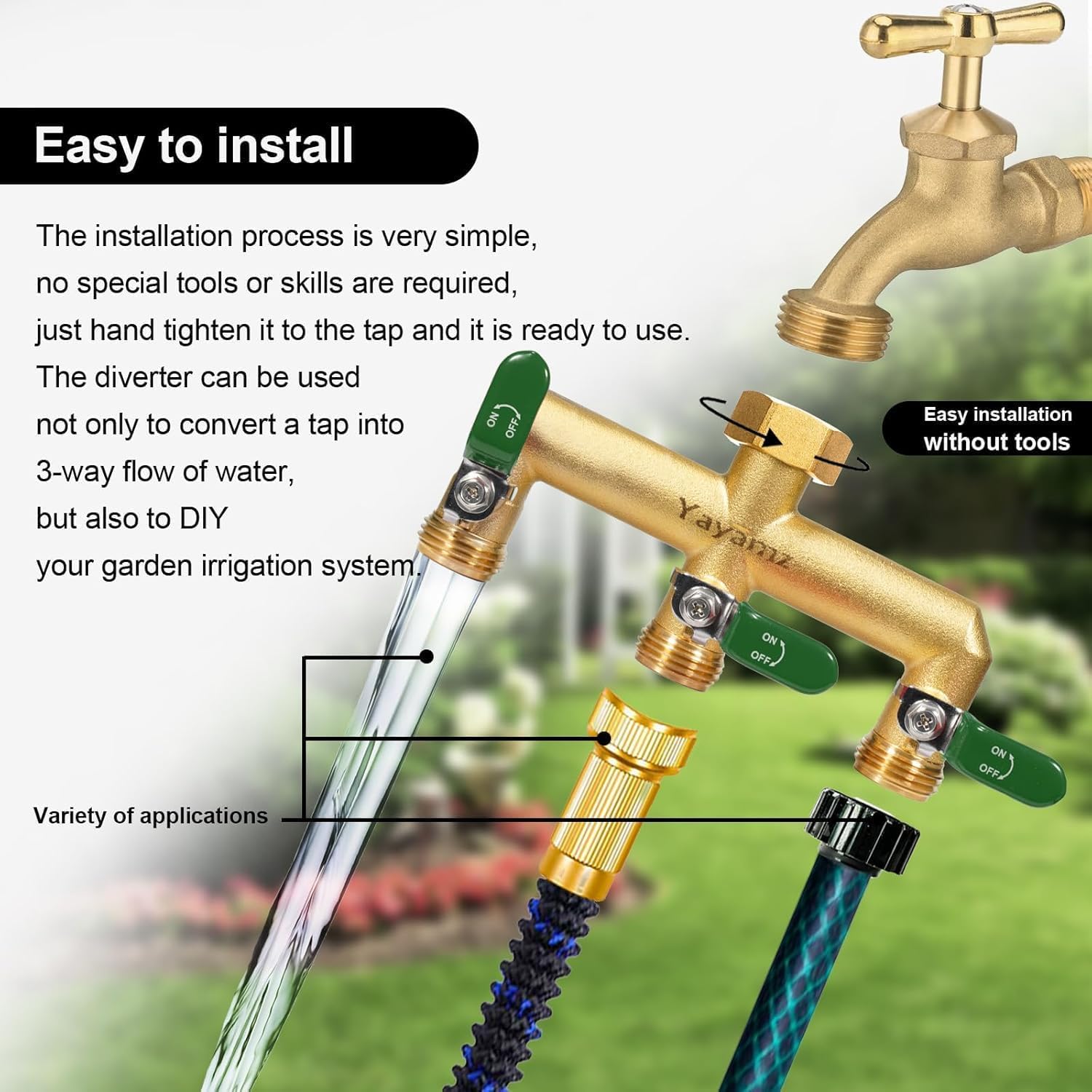 3 Way Garden Hose Splitter, 3/4" GHT Outdoor Water Spigot Splitter | Heavy Duty Solid Brass Body with Shut-off Valves &