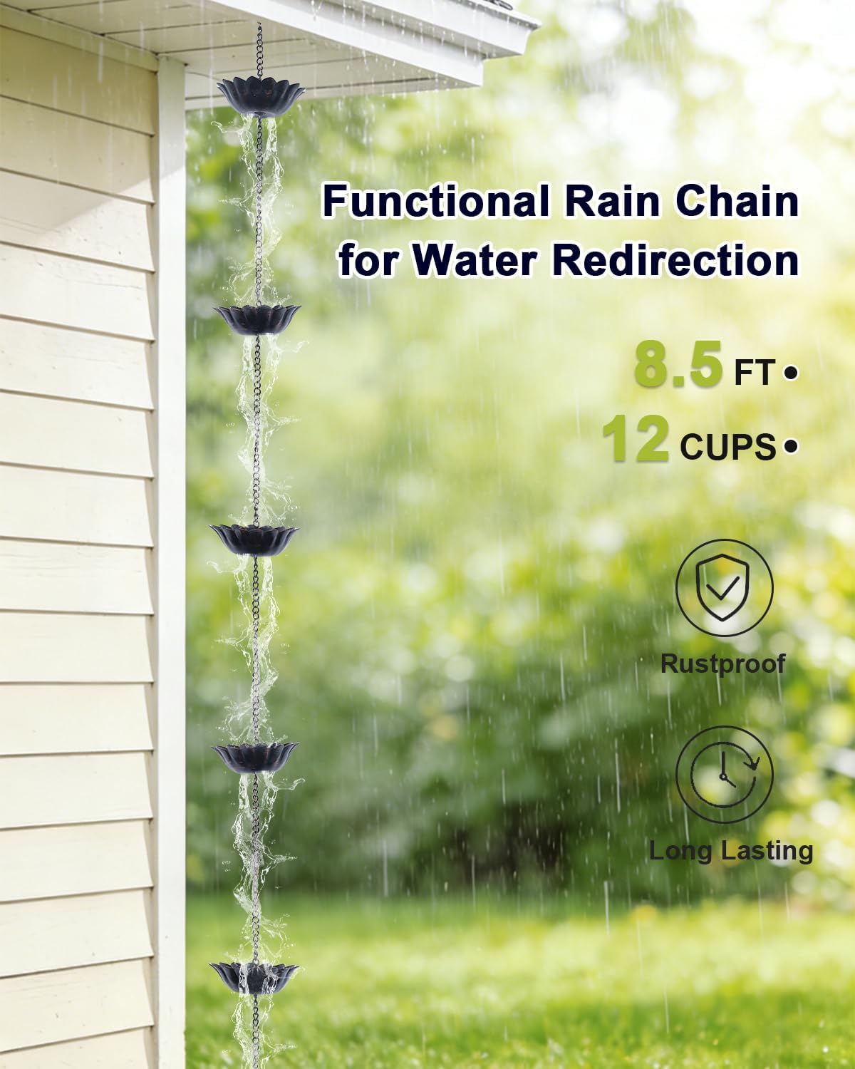 hogardeck 8.5FT Rain Chain with 12 Cups for Gutters Outside, Decorative Metal Rain Catcher with Adapter, Stake & Bell