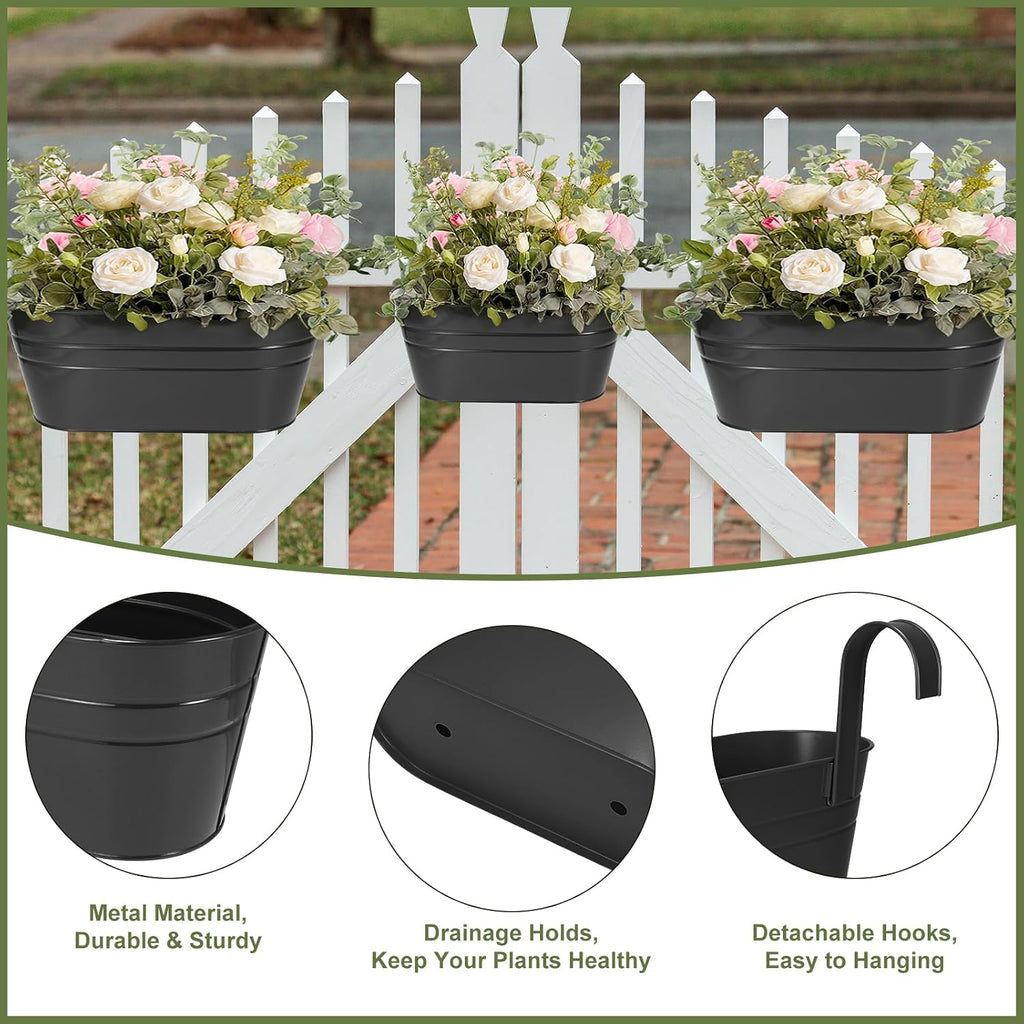 3 Different Size Metal Iron Hanging Flower Pots 10 Pcs for Outdoor Plants Metal Hanging Bucket Pots Iron Railing Fence