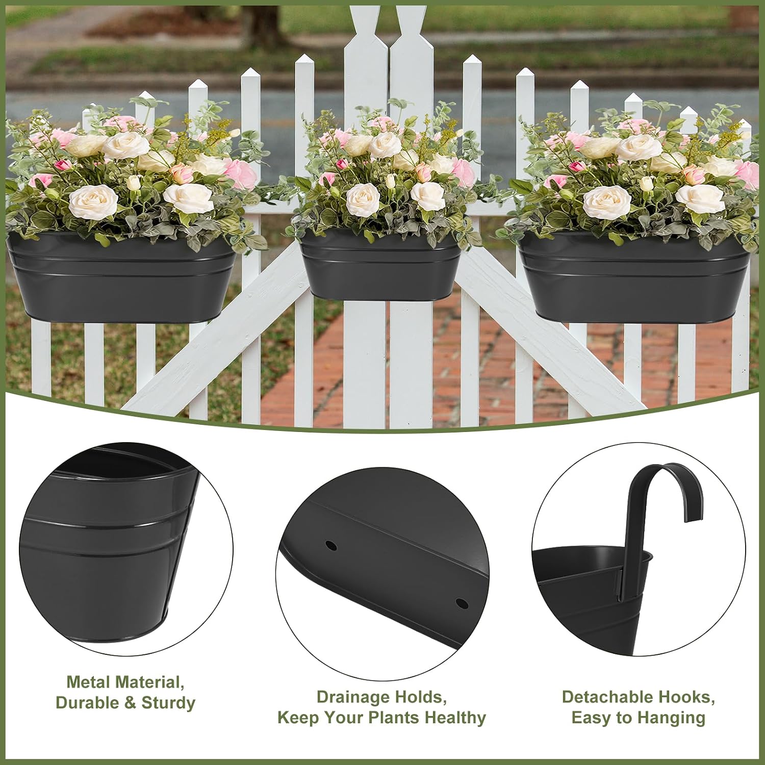 3 Different Size Metal Iron Hanging Flower Pots 10 Pcs for Outdoor Plants Metal Hanging Bucket Pots Iron Railing Fence