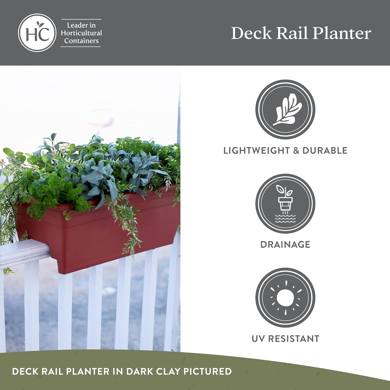 The HC Companies Deck Rail Deck Rail Planter Box, 24 Inch, Black, 1-Pack | Plastic, Drainage Plug, Lightweight