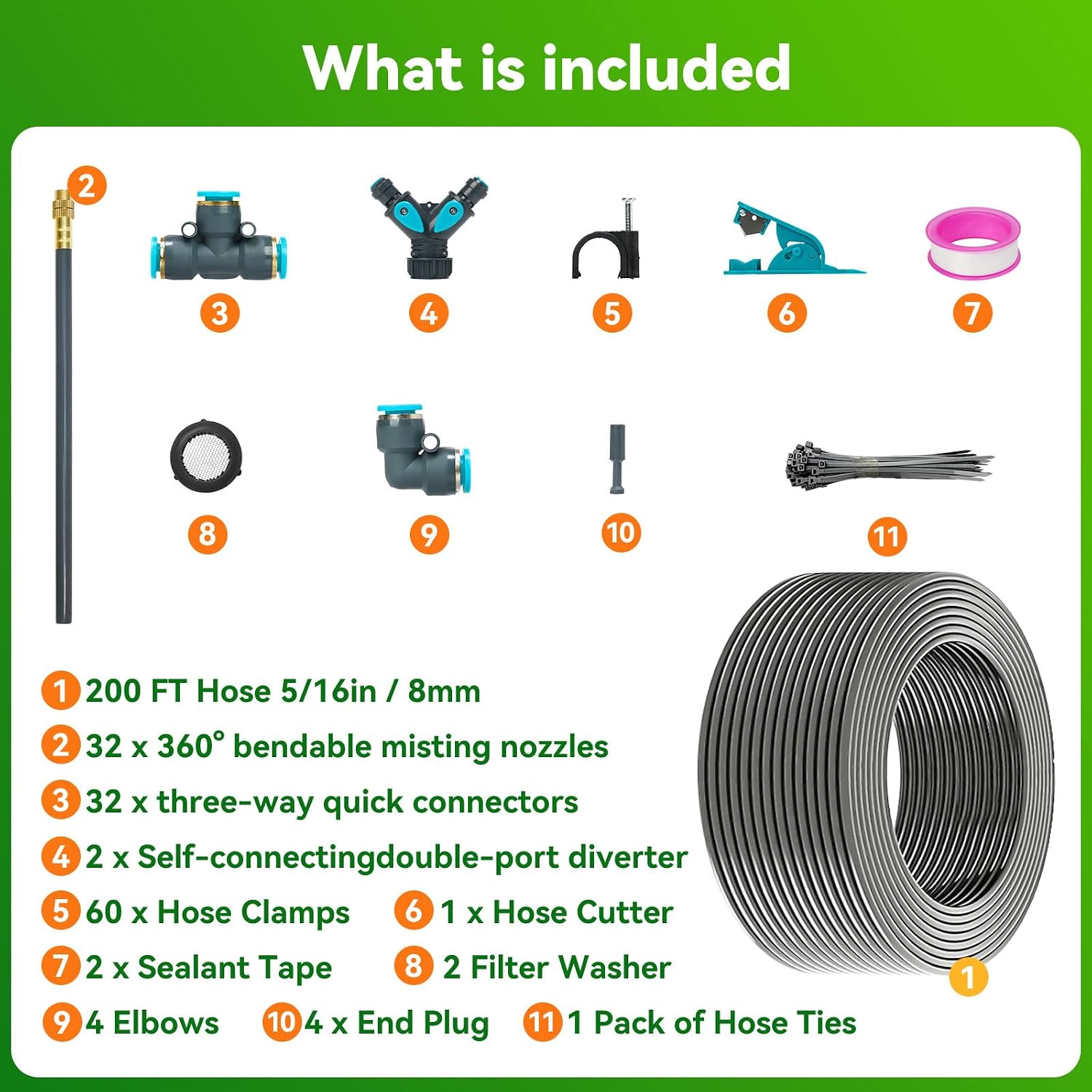 360°Adjustable Drip Irrigation System,200FT Irrigation System for Garden | 32 Copper Nozzles,141Pcs Automatic Misting