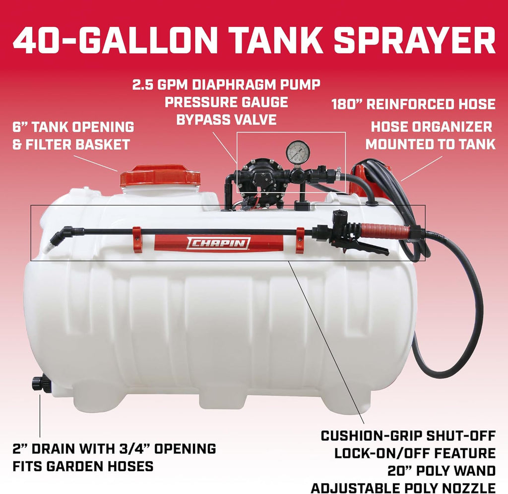 Chapin 40-Gallon 3-Point Hitch Sprayer with 2-Nozzle Boom | 2.5 GPM self-priming pump for consistent pressure and