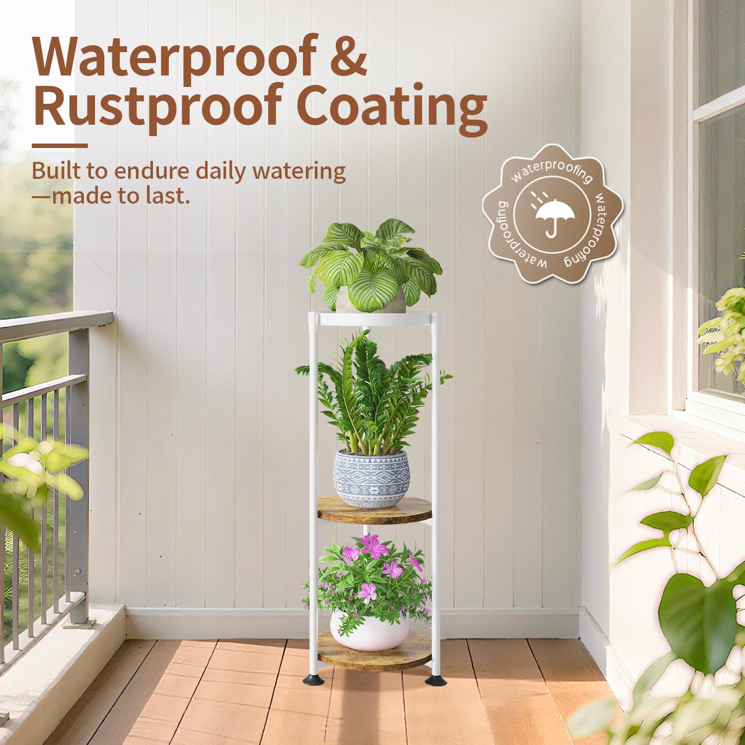 LASZOLA Plant Stand Tall Flower Holder for Indoor Corner, 3 Tier White | Heavy Duty Metal Vertical Multi Level Shelf