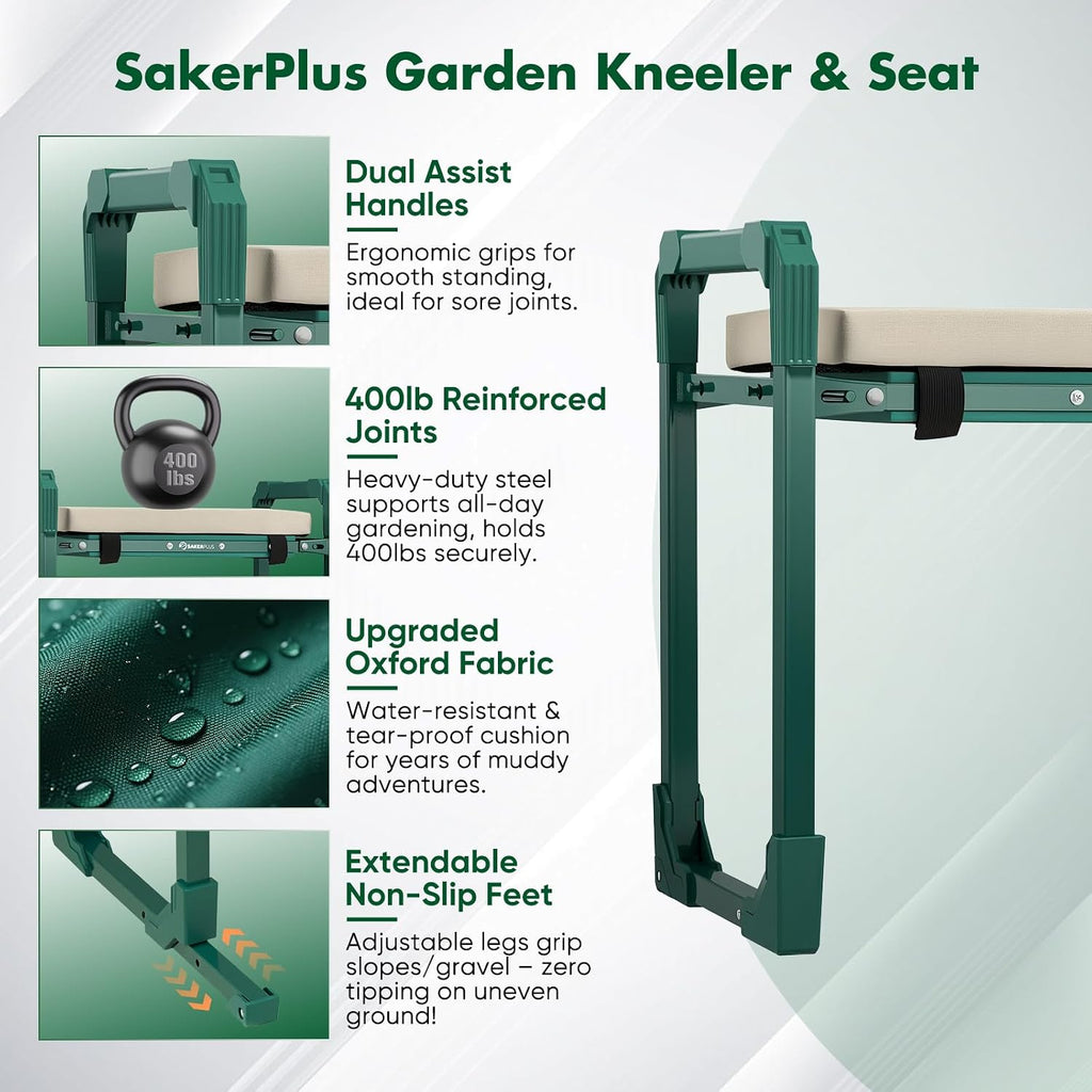 SakerPlus Garden Kneeler and Seat, Heavy Duty Foldable Garden Stool | 10-inch thickened pad, 400 lb support, extendable