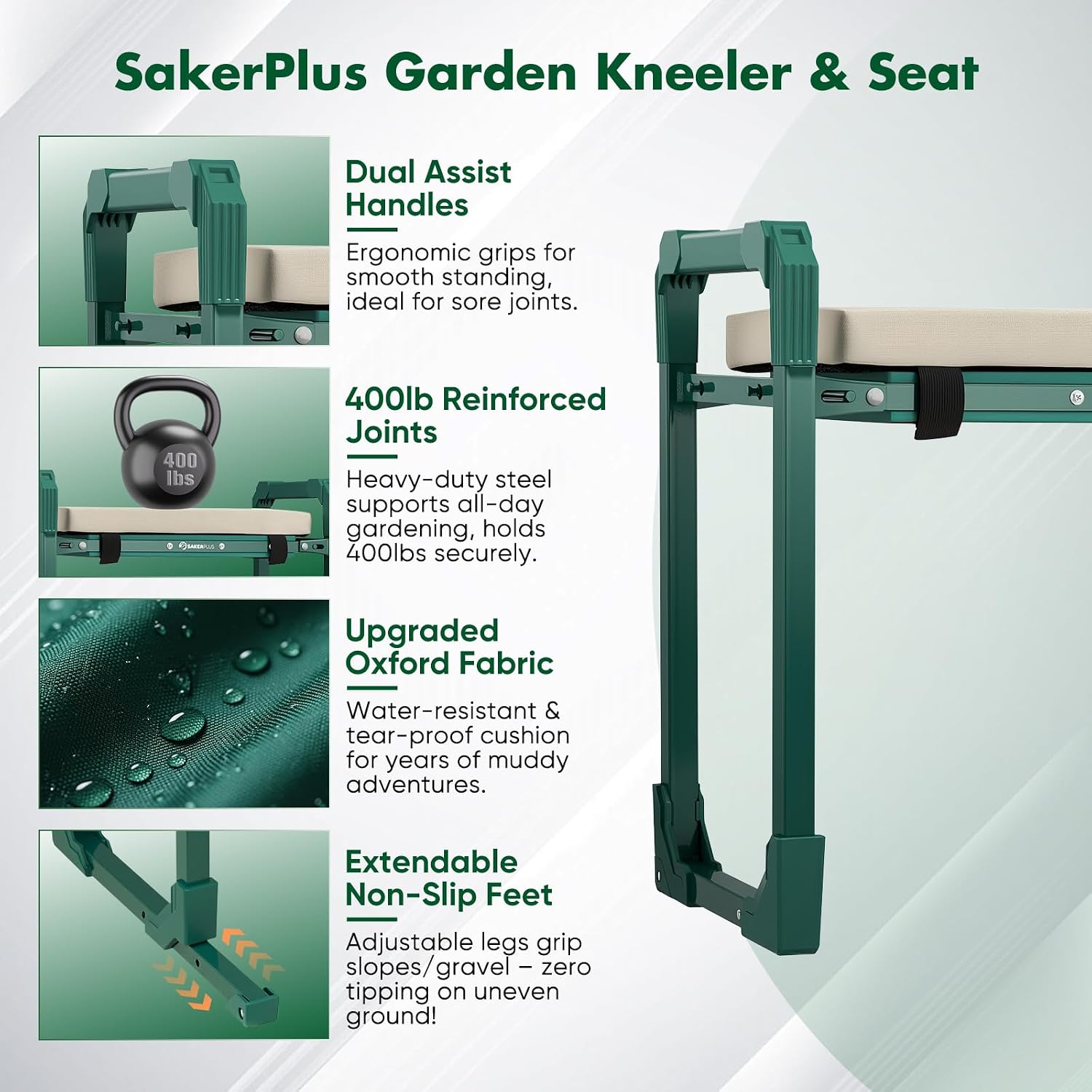 SakerPlus Garden Kneeler and Seat, Heavy Duty Foldable Garden Stool | 10-inch thickened pad, 400 lb support, extendable