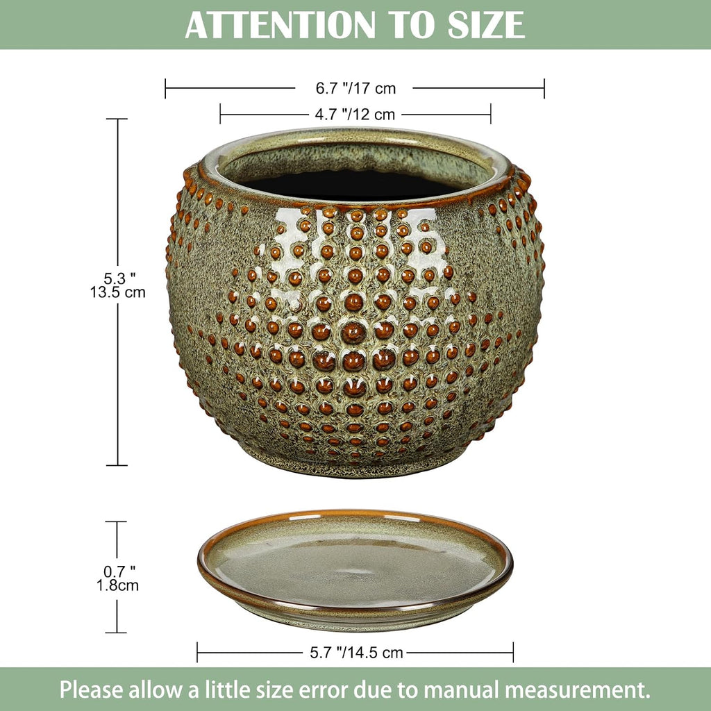 Oairse Ceramic Pot for Indoor Plants, 7 inch Plant Pot with Drainage Hole and Saucer Decorative Brown Planter with