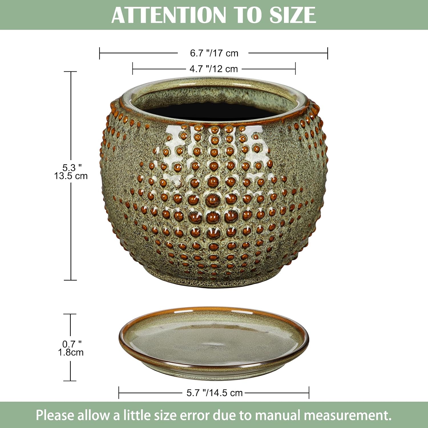 Oairse Ceramic Pot for Indoor Plants, 7 inch Plant Pot with Drainage Hole and Saucer Decorative Brown Planter with