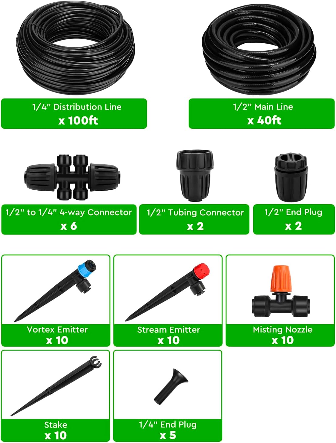 Drip Irrigation System, 40FT 1/2" Mainline & 100FT 1/4" Tubing, with Adjustable Drip Emitters Misting Sprinkler