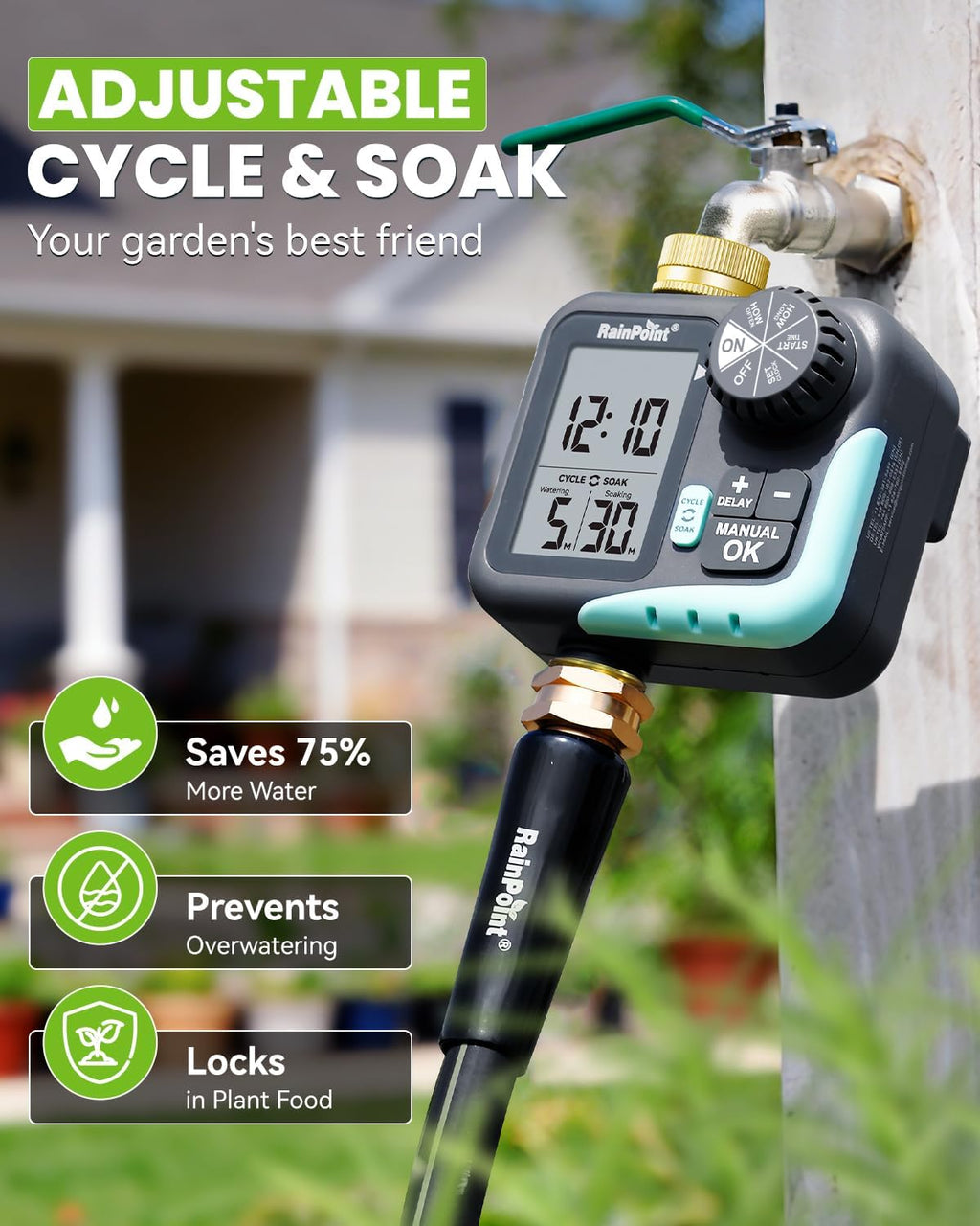 RAINPOINT Sprinkler Timer for Garden Hose - Hose Timer with Cycle & Soak/Rain Delay/Automatic Watering/Manual Watering