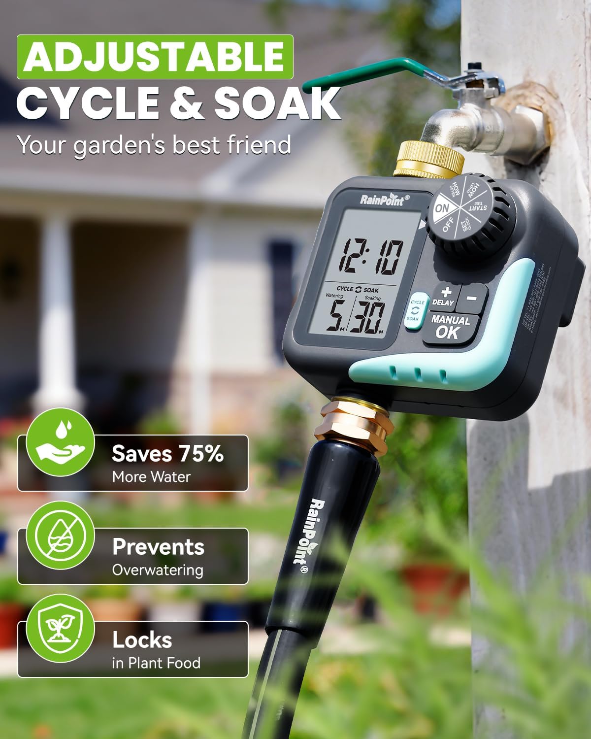 RAINPOINT Sprinkler Timer for Garden Hose - Hose Timer with Cycle & Soak/Rain Delay/Automatic Watering/Manual Watering