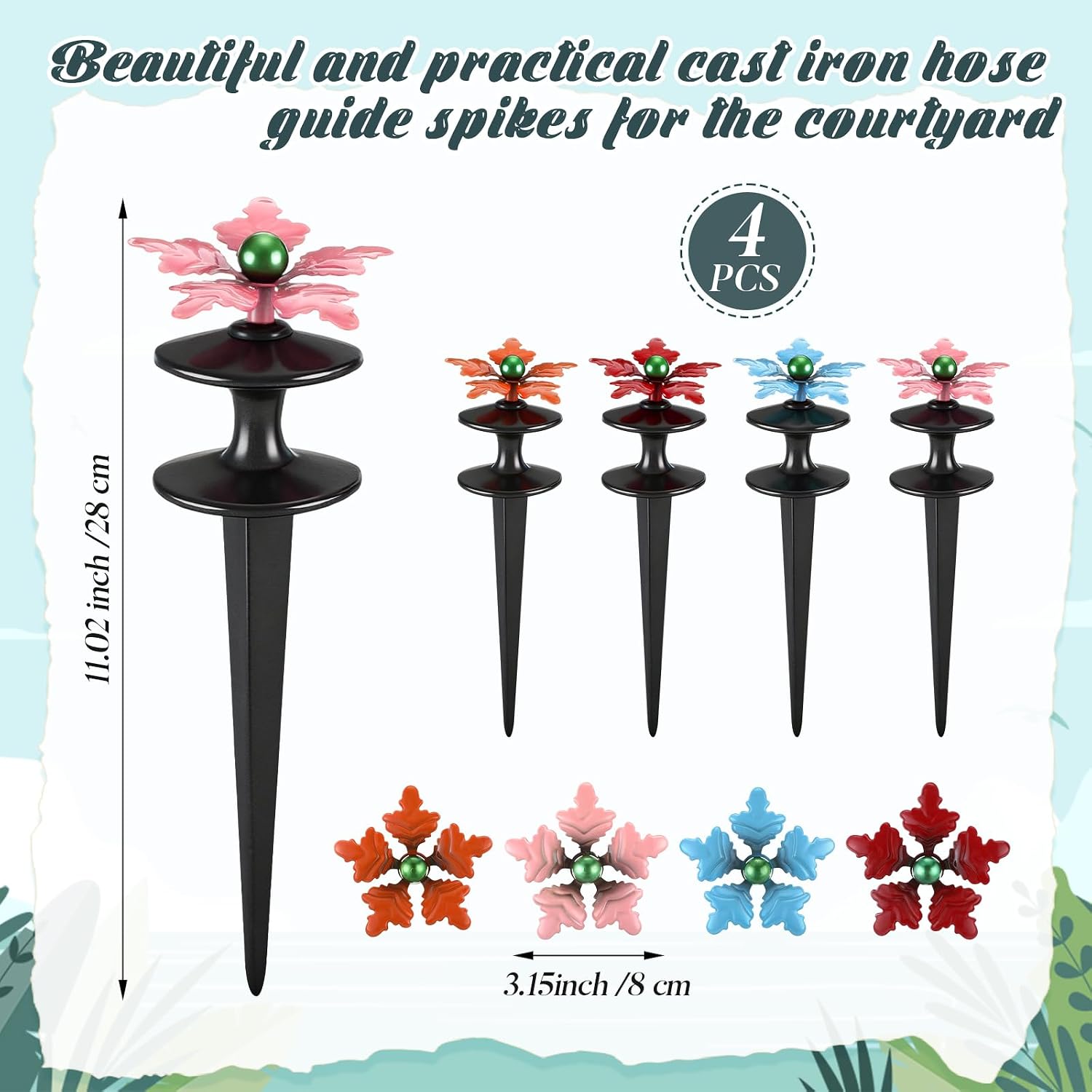 Zonon 4 Packs Hose Guide Spike Decorative Flower Cast Iron 11-inch Metal Heavy Duty Garden Hose Guide Stakes Heavy Duty