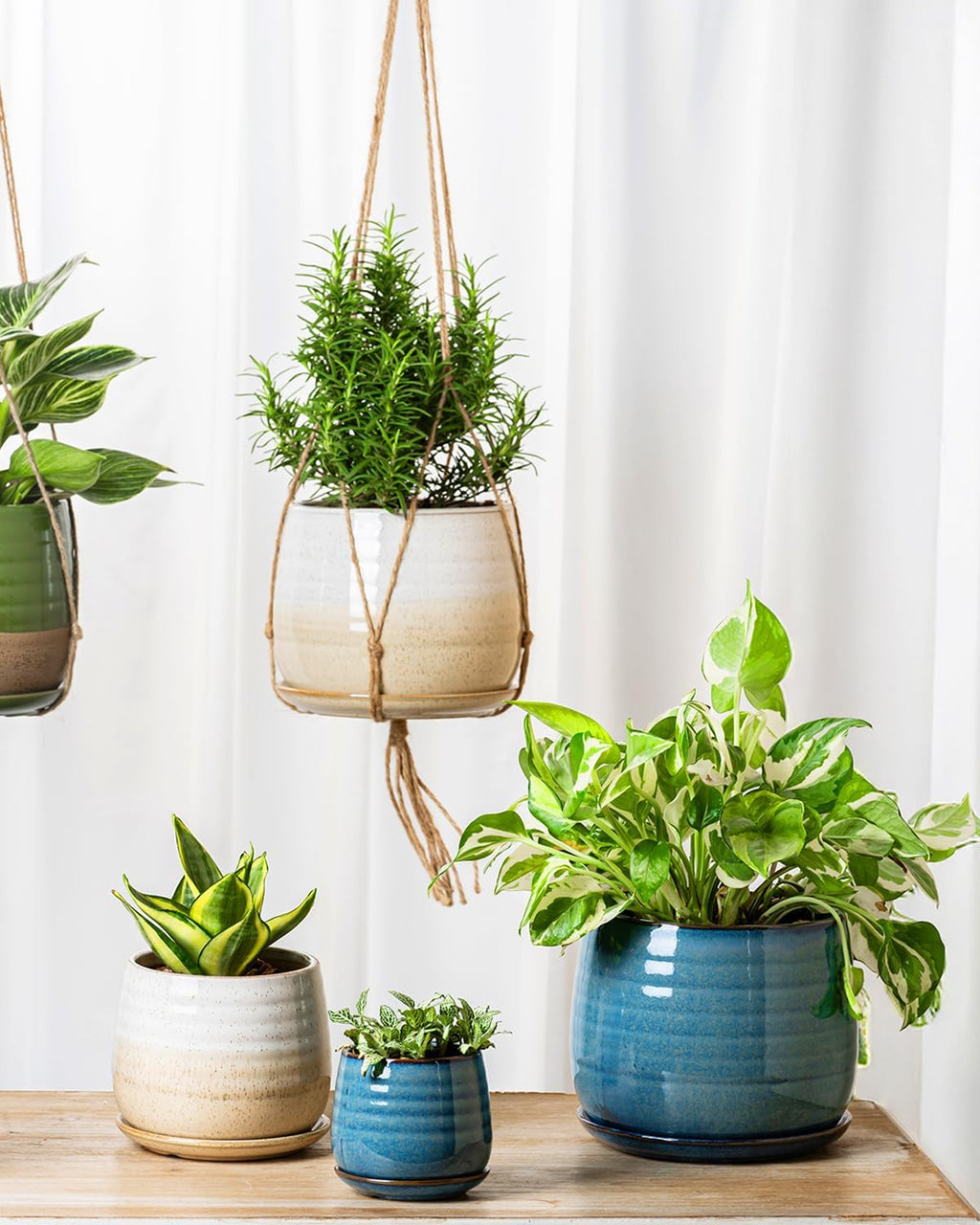 Ceramic Plant Pots with Drainage Holes and Saucers, Indoor Flower Pots for Plants Set of 3, 3.4+4.7+6.1 inch Cute